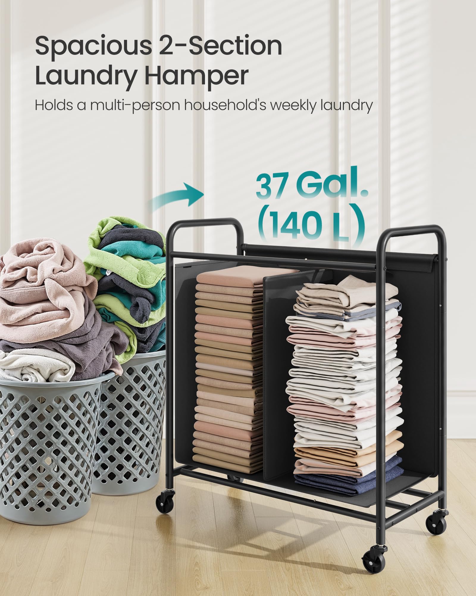 SONGMICS 2-Section Laundry Sorter, Laundry Hamper with Wheels, Rolling Clothes Hamper Cart with Large Capacity and Removable Bags, for Laundry Room, Bedroom, Bathroom, Ink Black URLS210B01 - Image 3