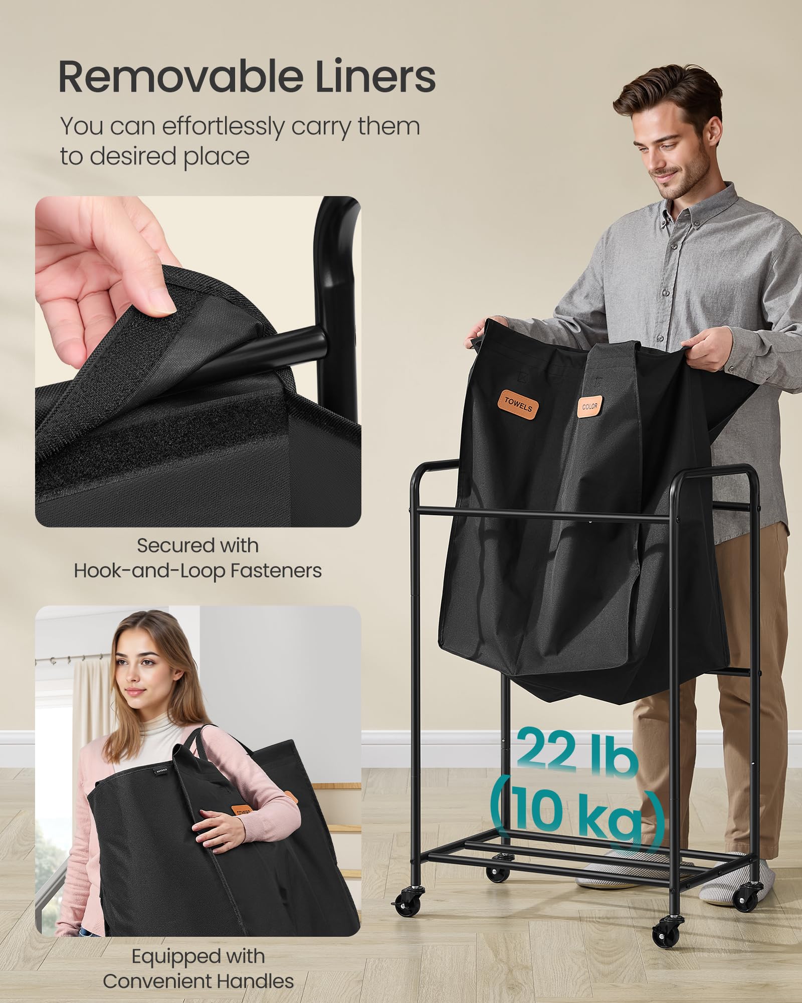 SONGMICS 2-Section Laundry Sorter, Laundry Hamper with Wheels, Rolling Clothes Hamper Cart with Large Capacity and Removable Bags, for Laundry Room, Bedroom, Bathroom, Ink Black URLS210B01 - Image 5