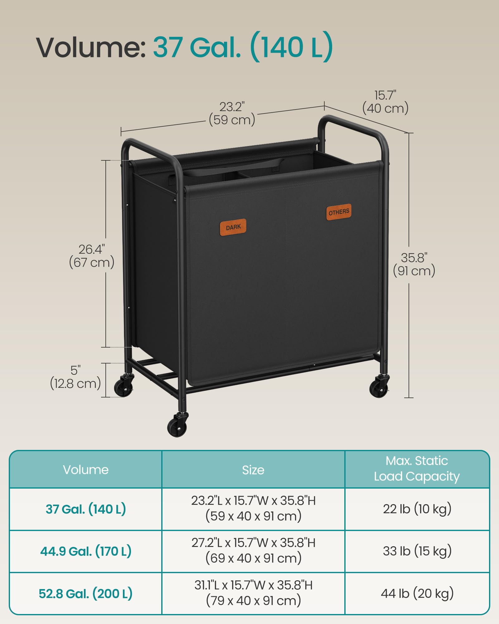 SONGMICS 2-Section Laundry Sorter, Laundry Hamper with Wheels, Rolling Clothes Hamper Cart with Large Capacity and Removable Bags, for Laundry Room, Bedroom, Bathroom, Ink Black URLS210B01 - Image 6