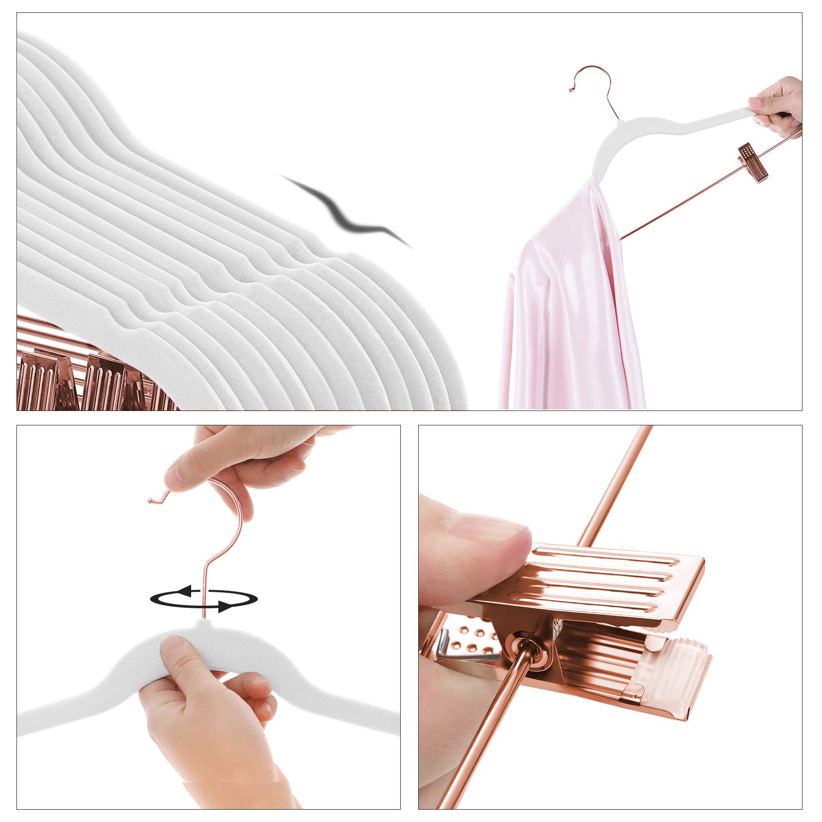 SONGMICS 24-Pack Velvet Pants Hangers, 16.7-Inch Long Coat Hangers with Rose Gold Colored Movable Clips, Heavy-Duty, Non-Slip, Space-Saving, for Pants, Skirts, Dresses, White UCRF014W01 - Image 5