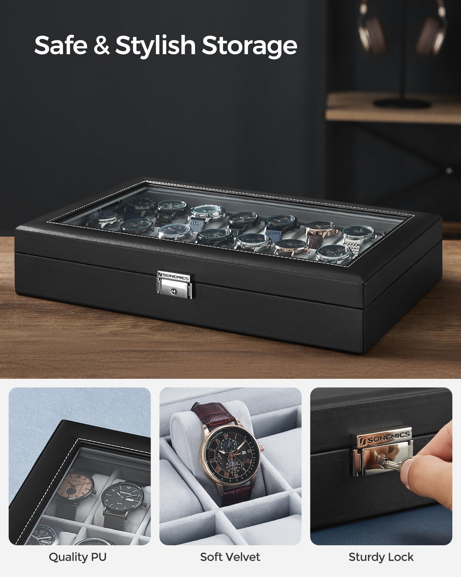 SONGMICS 24-Slot Watch Box, Lockable Watch Storage Case with Glass Lid, Gift Idea, Ink Black Synthetic Leather, Dove Gray Lining UJWB024 - Image 4