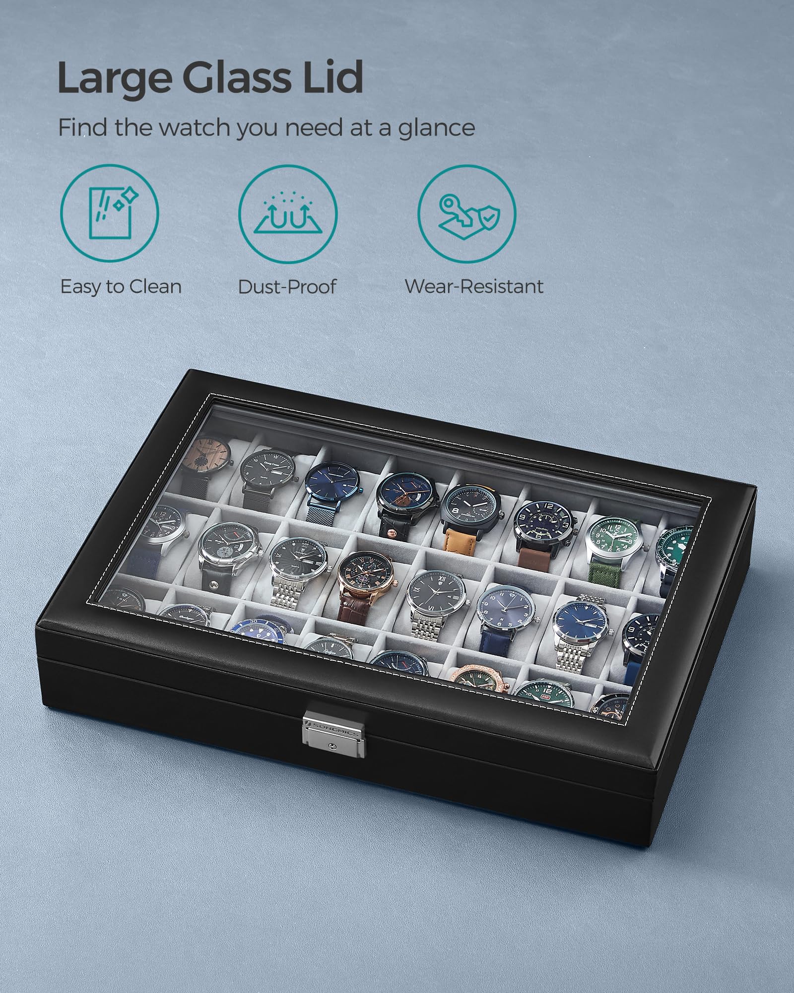 SONGMICS 24-Slot Watch Box, Lockable Watch Storage Case with Glass Lid, Gift Idea, Ink Black Synthetic Leather, Dove Gray Lining UJWB024 - Image 5
