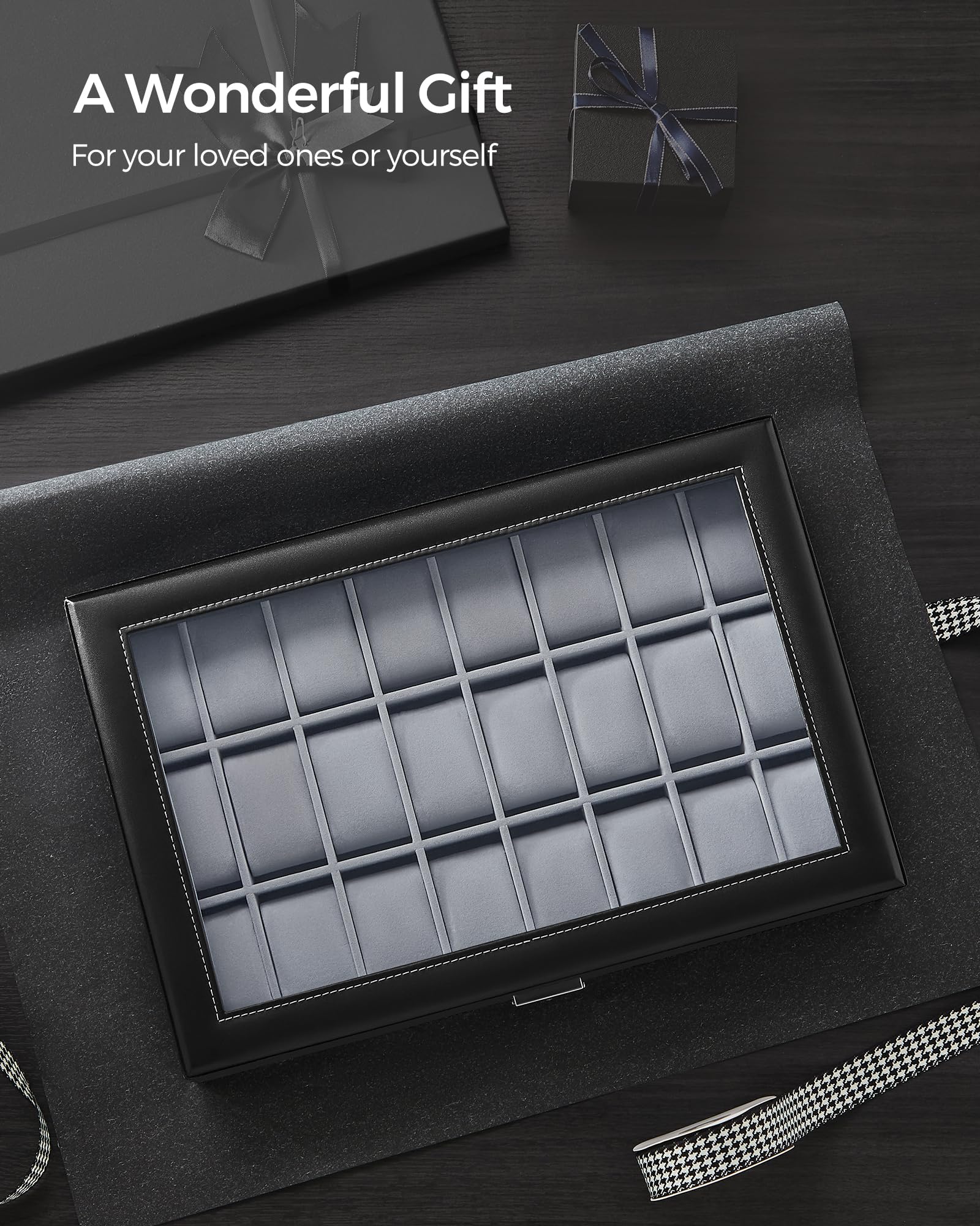 SONGMICS 24-Slot Watch Box, Lockable Watch Storage Case with Glass Lid, Gift Idea, Ink Black Synthetic Leather, Dove Gray Lining UJWB024 - Image 7
