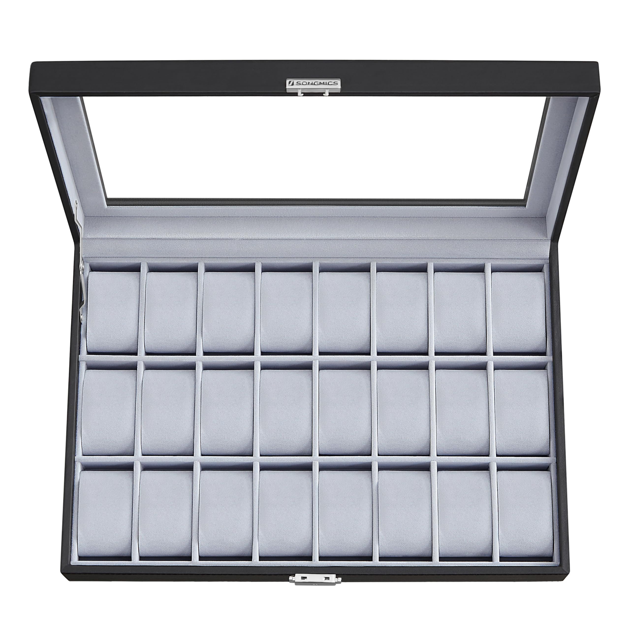 SONGMICS 24-Slot Watch Box, Lockable Watch Storage Case with Glass Lid, Gift Idea, Ink Black Synthetic Leather, Dove Gray Lining UJWB024 - Image 8