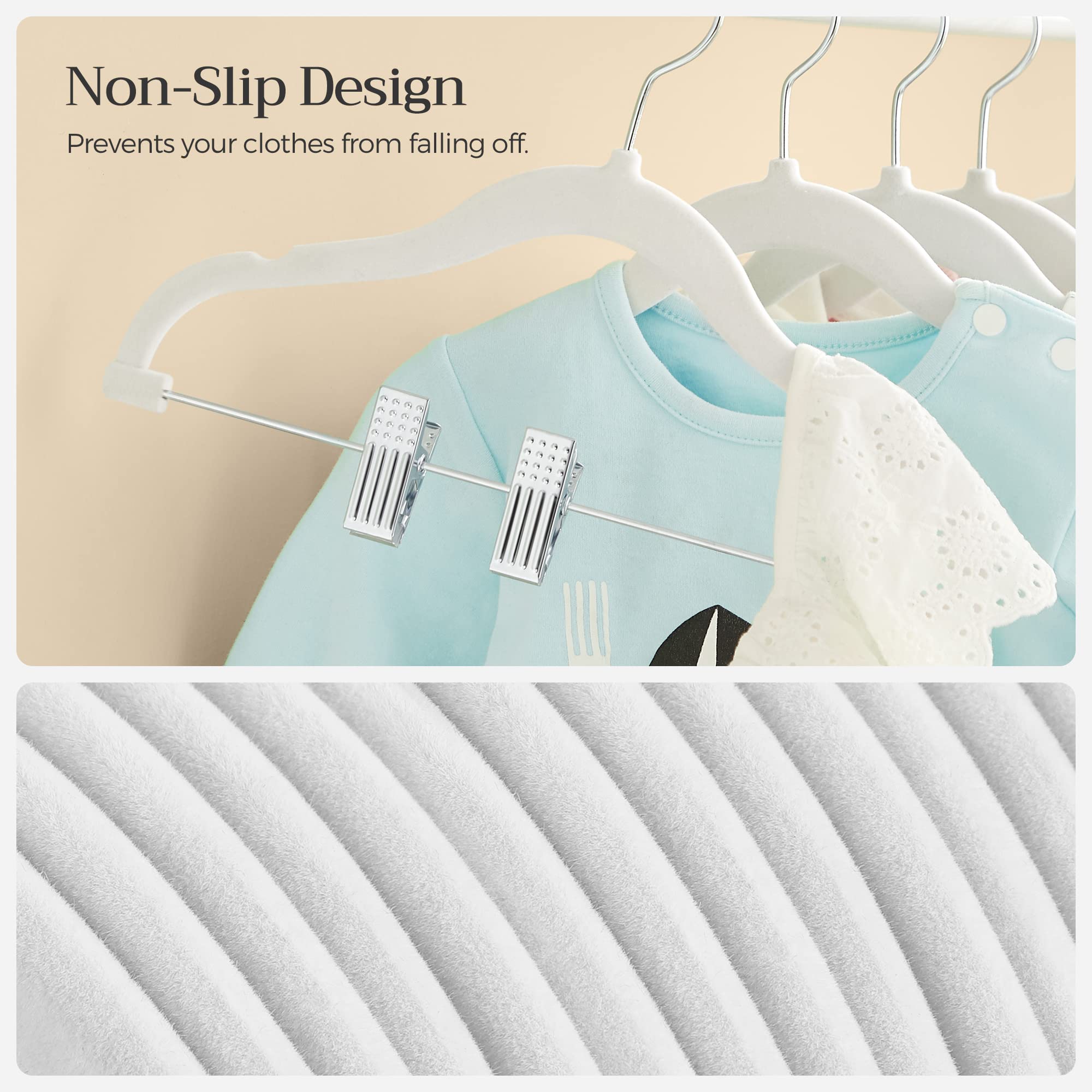 SONGMICS 30 Packs Baby Pants Hangers with Clips, Kids Hangers with 6 Clothes Dividers, Non-Slip Children’s Clothes Hanger, White UCRF013W30 - Image 5