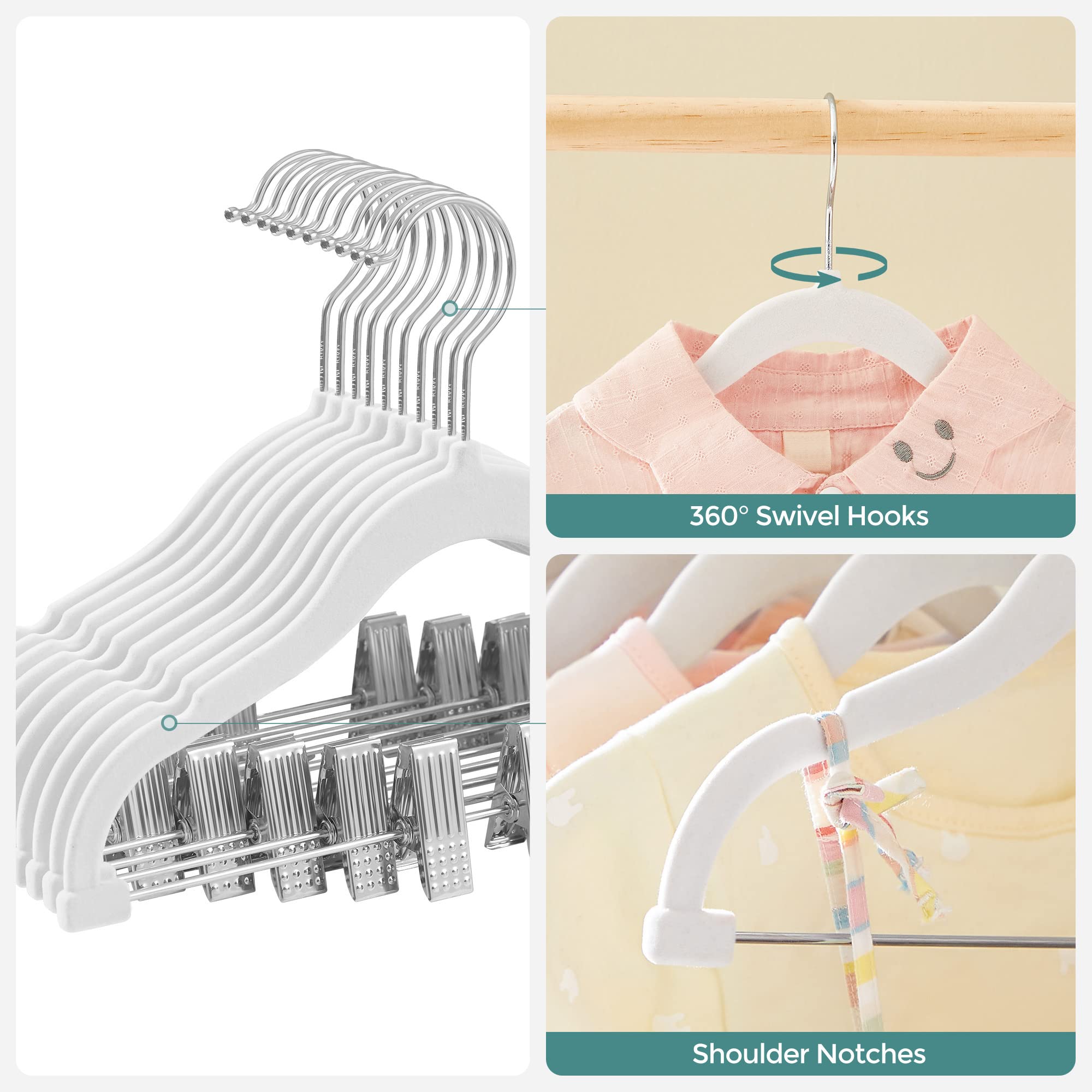 SONGMICS 30 Packs Baby Pants Hangers with Clips, Kids Hangers with 6 Clothes Dividers, Non-Slip Children’s Clothes Hanger, White UCRF013W30 - Image 8