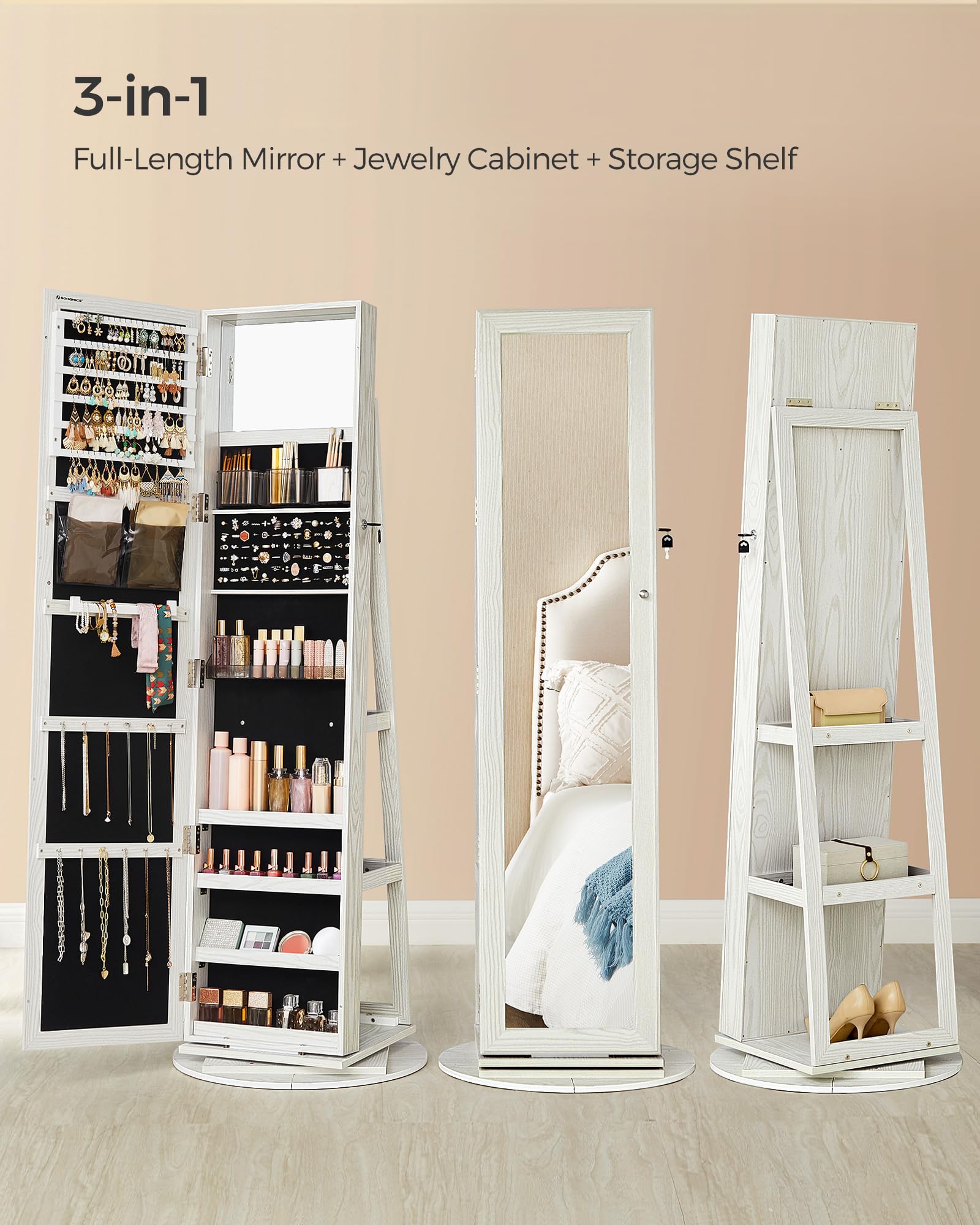 SONGMICS 360° Swivel Jewelry Cabinet, Lockable Jewelry Organizer with Full-Length Mirror, Rear Storage Shelves, Interior Mirror, Jewelry Armoire, Gift Idea, White with Gray Wood Grain UJJC006W01 - Image 3