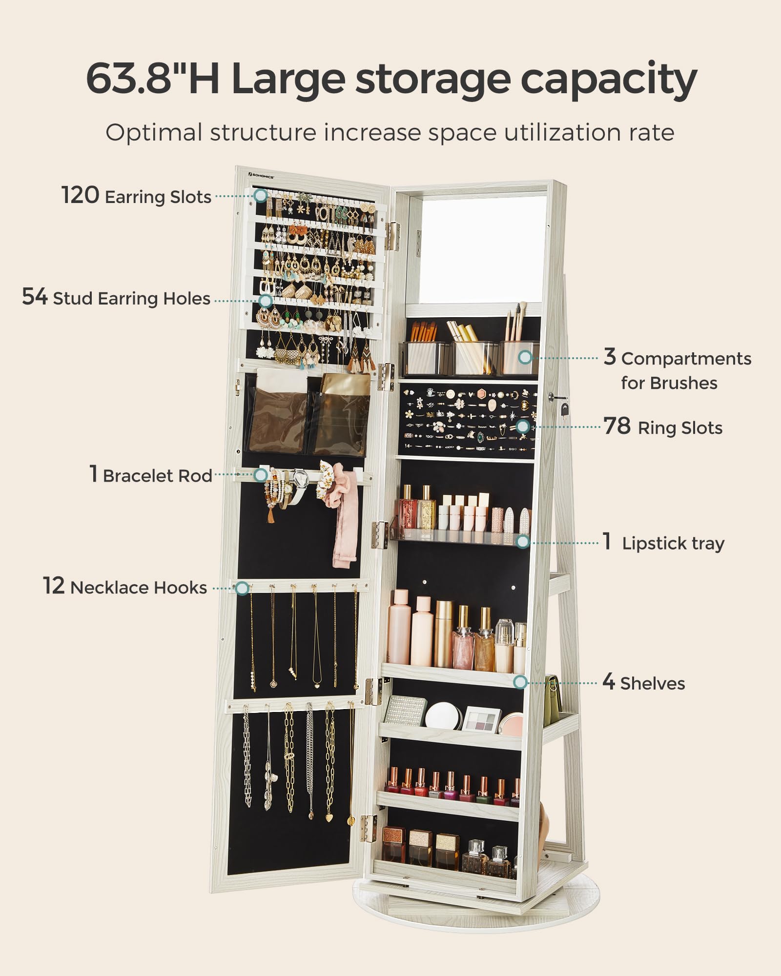 SONGMICS 360° Swivel Jewelry Cabinet, Lockable Jewelry Organizer with Full-Length Mirror, Rear Storage Shelves, Interior Mirror, Jewelry Armoire, Gift Idea, White with Gray Wood Grain UJJC006W01 - Image 4