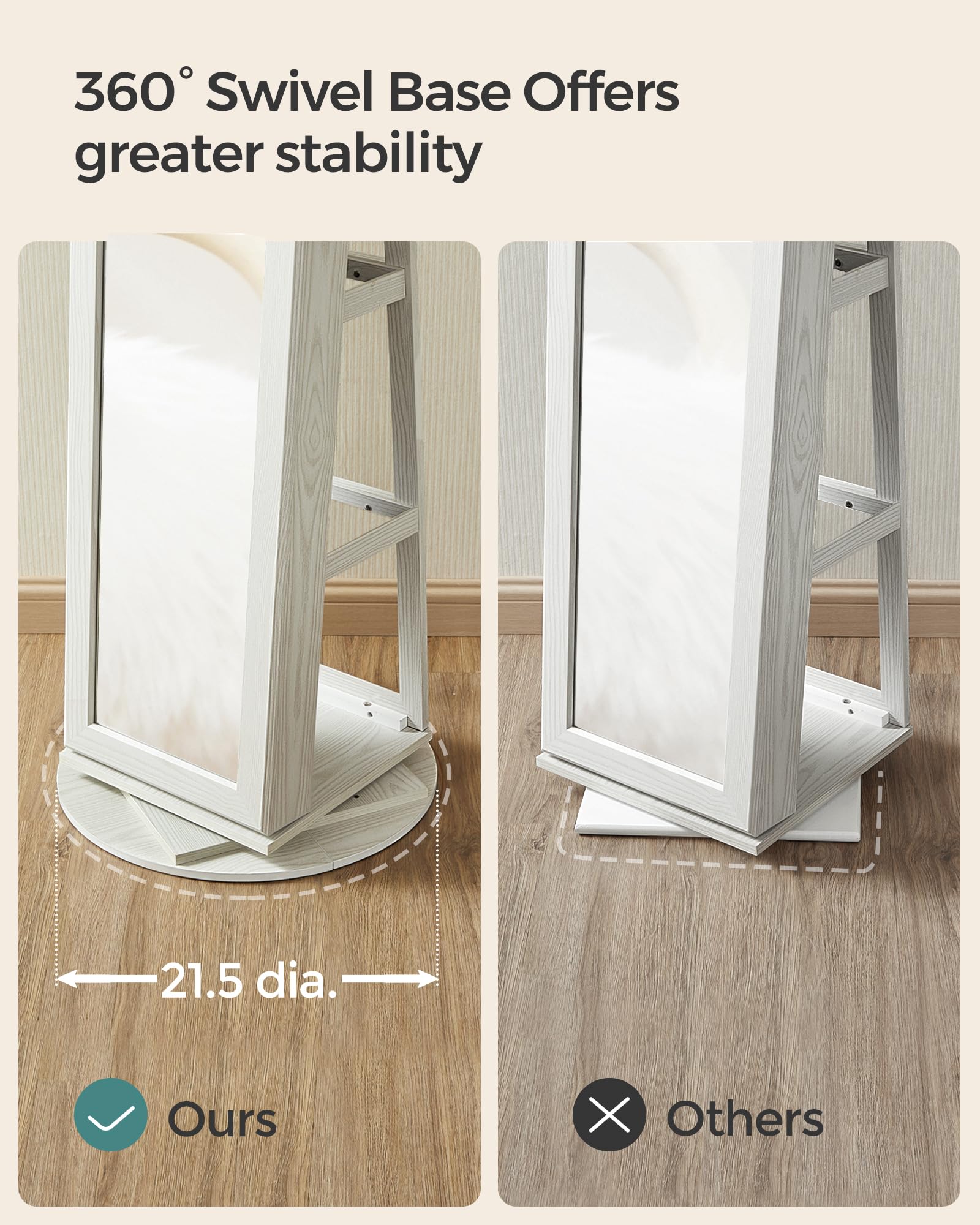 SONGMICS 360° Swivel Jewelry Cabinet, Lockable Jewelry Organizer with Full-Length Mirror, Rear Storage Shelves, Interior Mirror, Jewelry Armoire, Gift Idea, White with Gray Wood Grain UJJC006W01 - Image 5