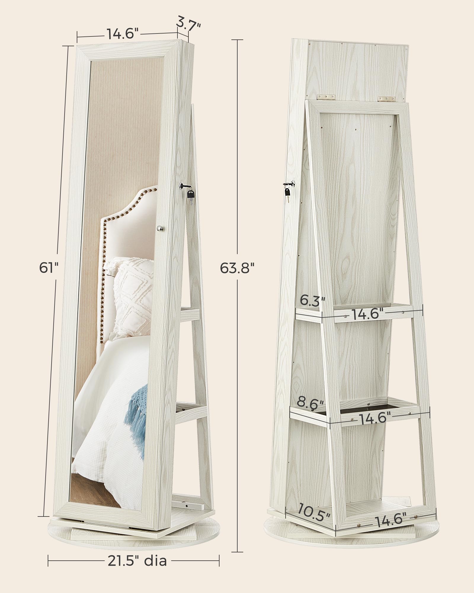 SONGMICS 360° Swivel Jewelry Cabinet, Lockable Jewelry Organizer with Full-Length Mirror, Rear Storage Shelves, Interior Mirror, Jewelry Armoire, Gift Idea, White with Gray Wood Grain UJJC006W01 - Image 6