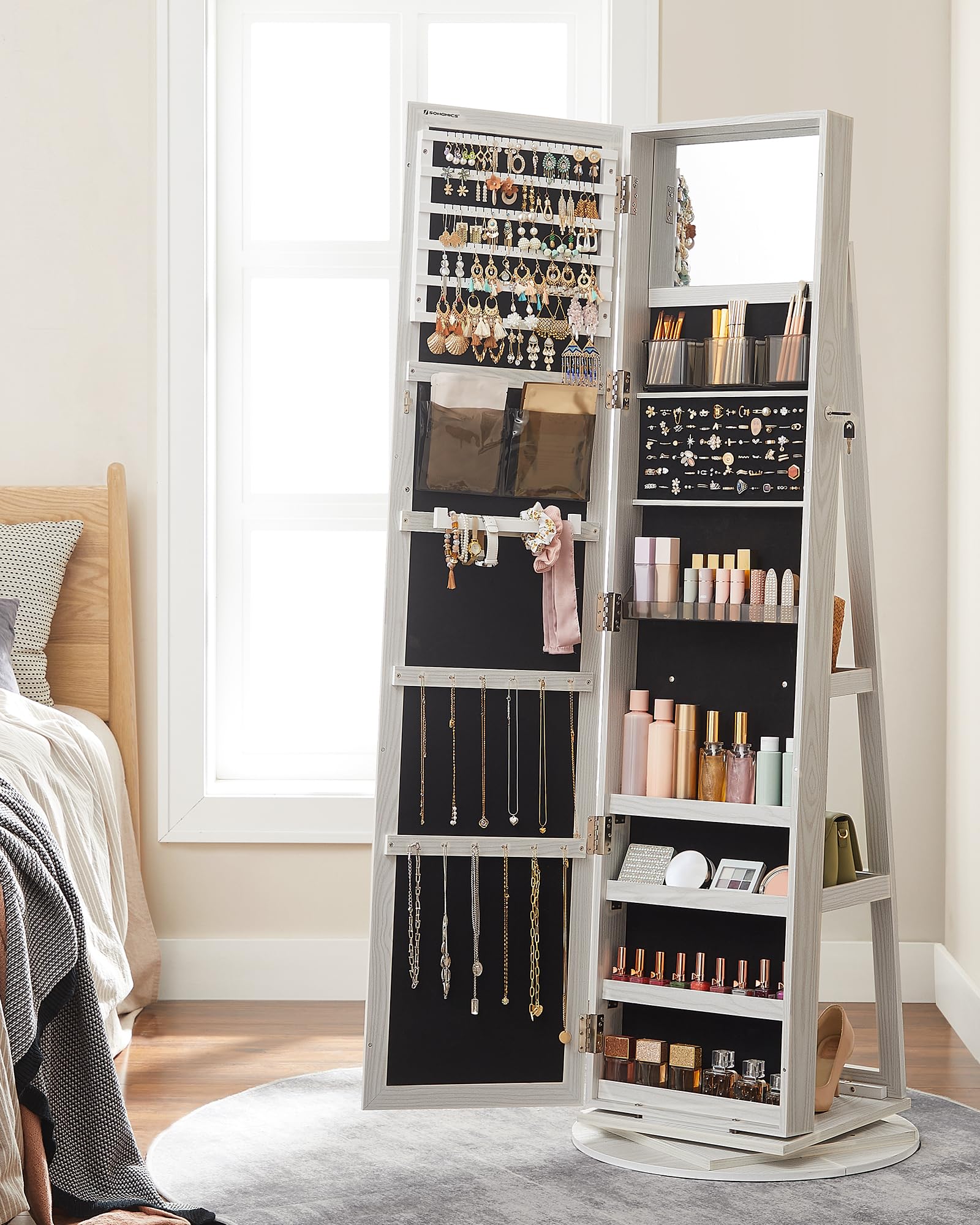 SONGMICS 360° Swivel Jewelry Cabinet, Lockable Jewelry Organizer with Full-Length Mirror, Rear Storage Shelves, Interior Mirror, Jewelry Armoire, Gift Idea, White with Gray Wood Grain UJJC006W01 - Image 7