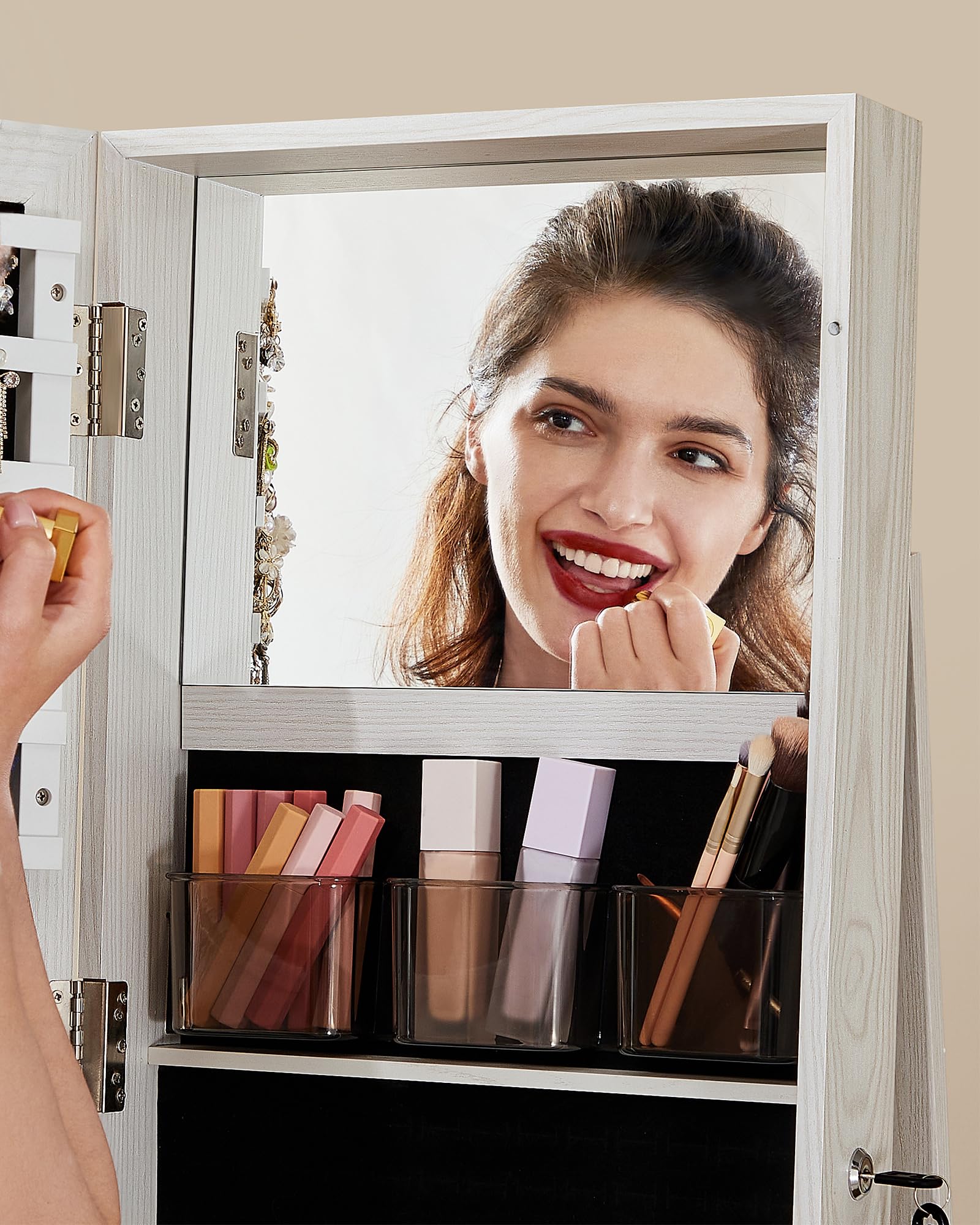 SONGMICS 360° Swivel Jewelry Cabinet, Lockable Jewelry Organizer with Full-Length Mirror, Rear Storage Shelves, Interior Mirror, Jewelry Armoire, Gift Idea, White with Gray Wood Grain UJJC006W01 - Image 8