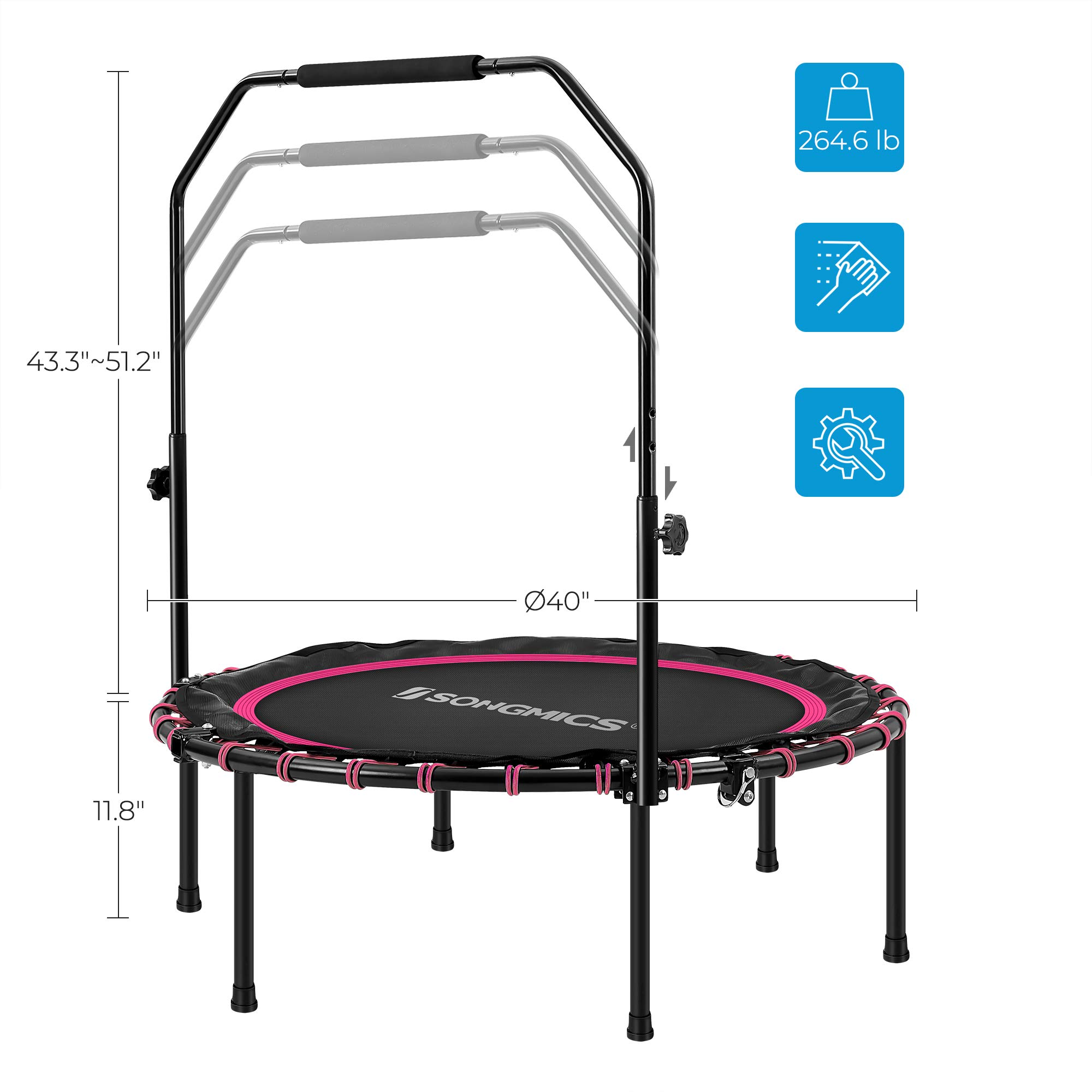 SONGMICS 40 Inches Mini Fitness Trampoline, Fitness Rebounder with Adjustable Handrail, Foldable Trampoline for At-Home Workout, Max. Load 264.6 lb - Image 6