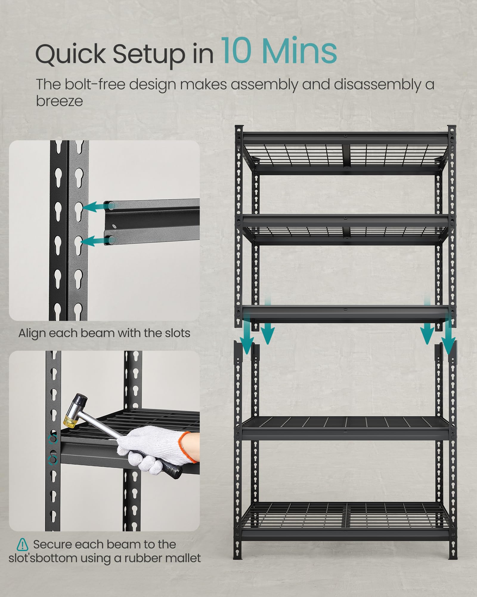 SONGMICS 5-Tier Storage Shelves, Heavy-Duty Garage Shelving, Adjustable Shelving Unit, Steel Shelf, Boltless Assembly, for Garage, Shed, 2,250 lb Load, 18 x 36 x 72 Inches, Ink Black UGLR453B01 - Image 5