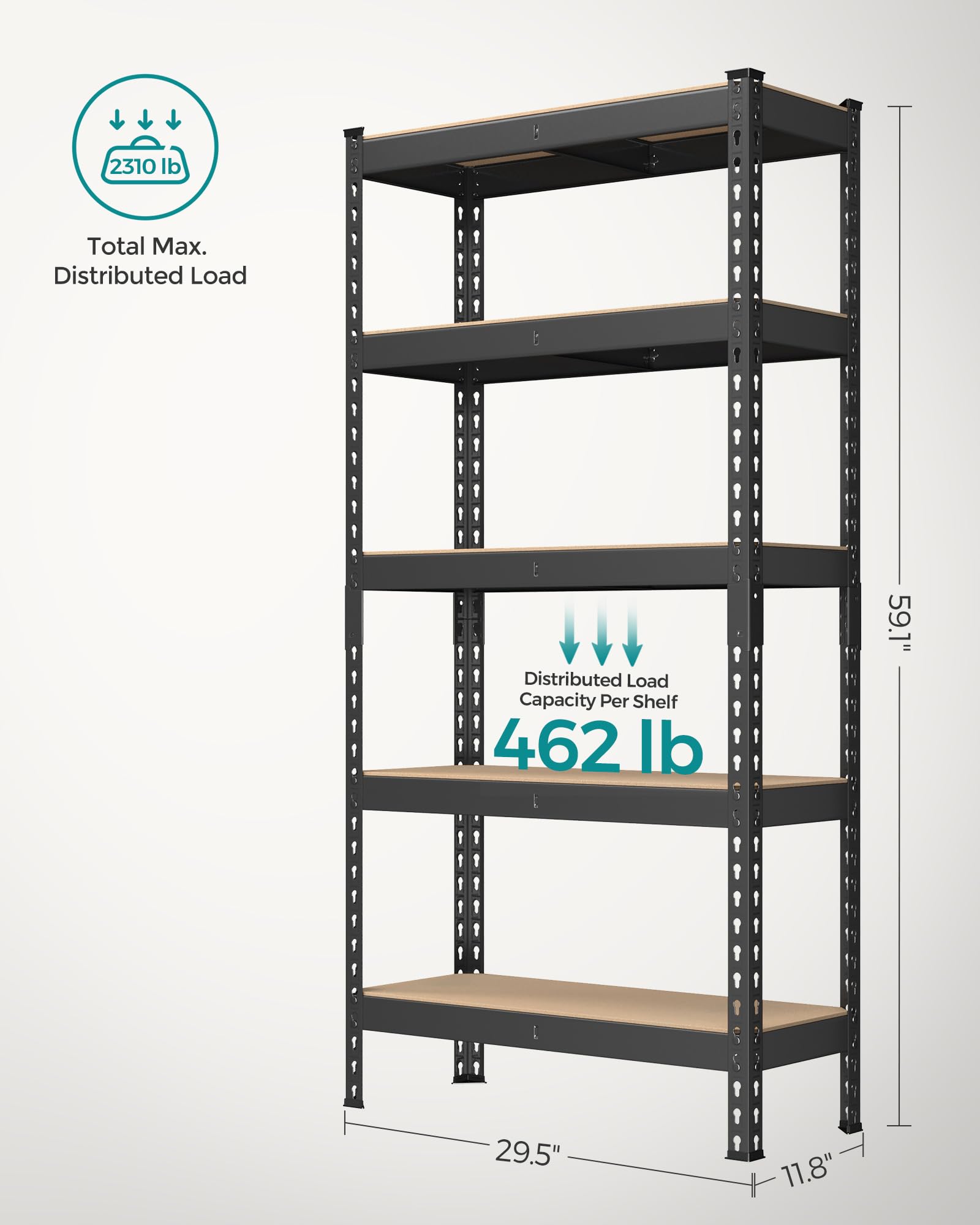 SONGMICS 5-Tier Storage Shelves, Load 2310 lb, Garage Storage, Boltless Assembly, Adjustable Shelving Unit, 11.8 x 29.5 x 59.1 Inches, for Study Shed Basement, Black and Natural Beige UGLR300B01 - Image 3