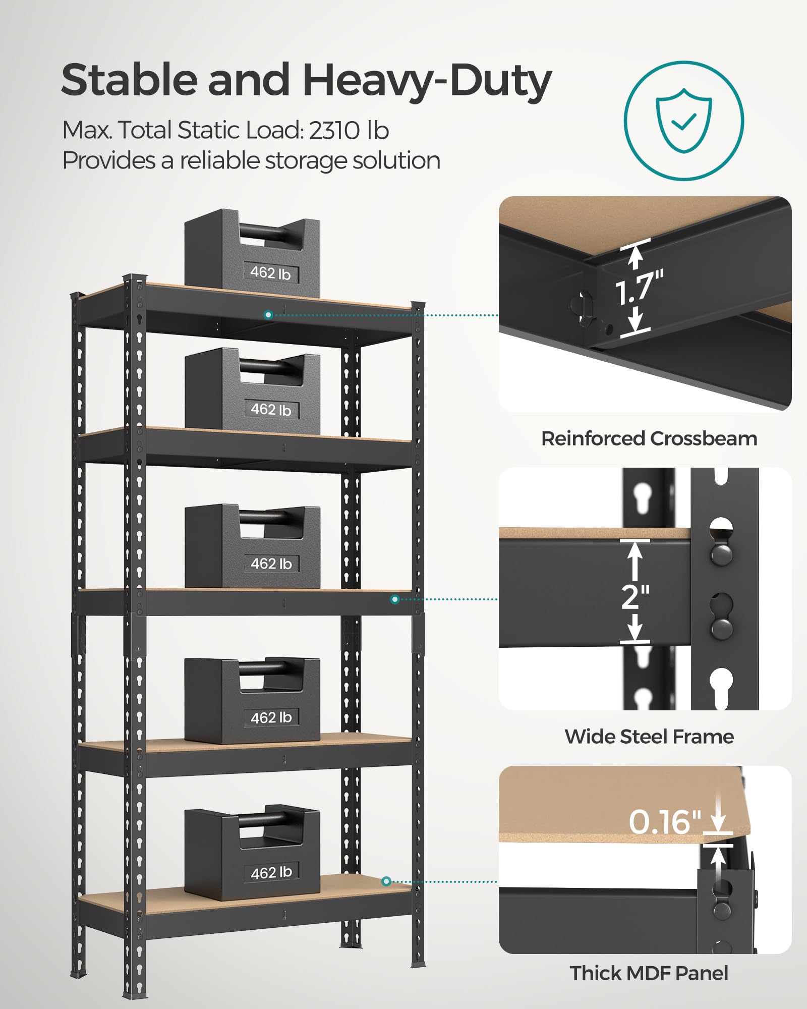 SONGMICS 5-Tier Storage Shelves, Load 2310 lb, Garage Storage, Boltless Assembly, Adjustable Shelving Unit, 11.8 x 29.5 x 59.1 Inches, for Study Shed Basement, Black and Natural Beige UGLR300B01 - Image 4