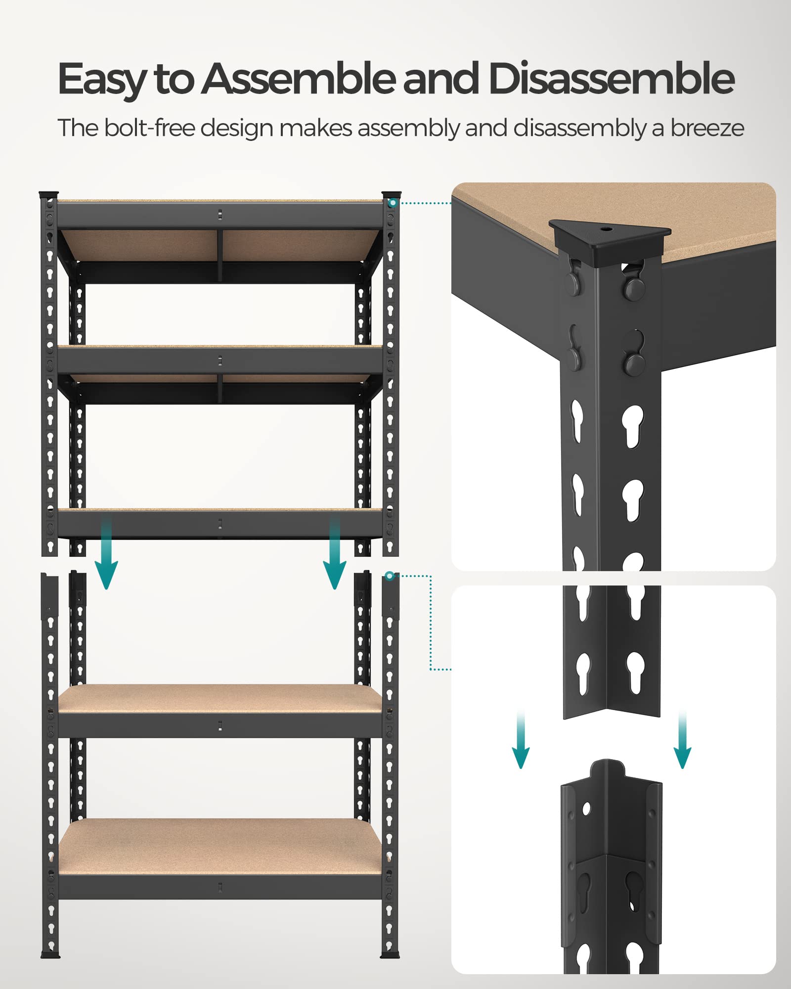 SONGMICS 5-Tier Storage Shelves, Load 2310 lb, Garage Storage, Boltless Assembly, Adjustable Shelving Unit, 11.8 x 29.5 x 59.1 Inches, for Study Shed Basement, Black and Natural Beige UGLR300B01 - Image 6