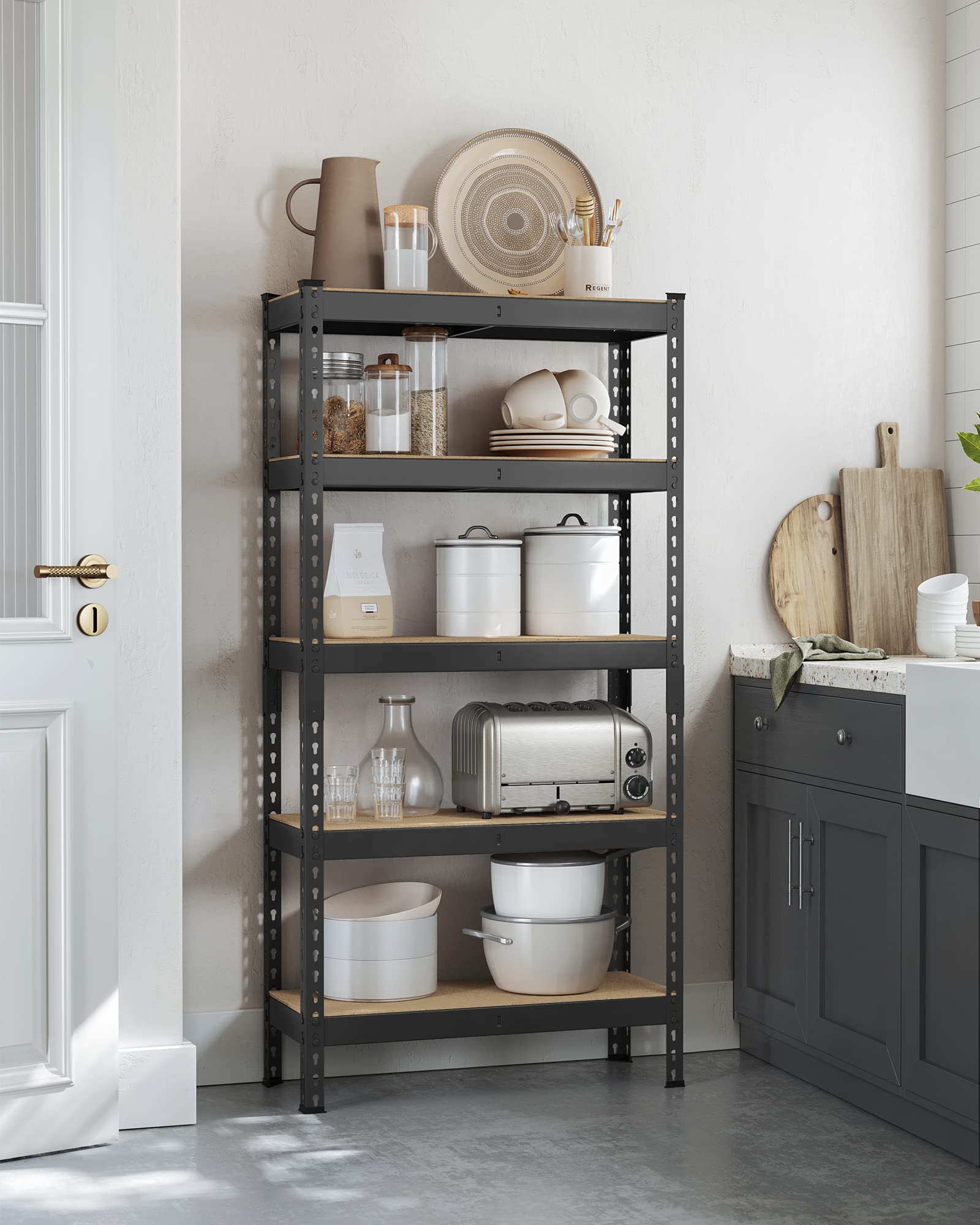 SONGMICS 5-Tier Storage Shelves, Load 2310 lb, Garage Storage, Boltless Assembly, Adjustable Shelving Unit, 11.8 x 29.5 x 59.1 Inches, for Study Shed Basement, Black and Natural Beige UGLR300B01 - Image 9