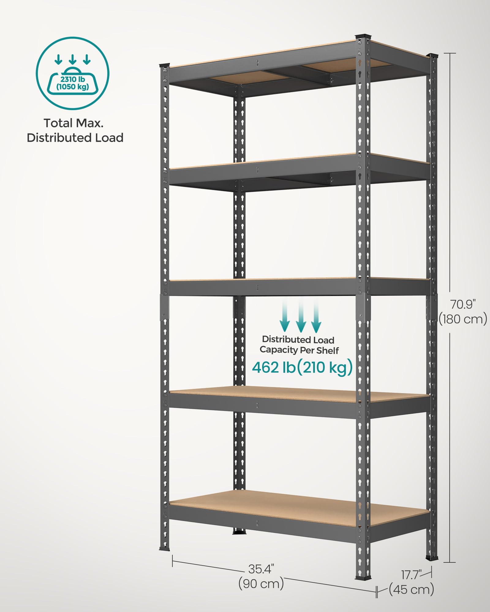 SONGMICS 5-Tier Storage Shelves, Load 2310 lb, Set of 2 Garage Storage, Boltless Assembly, Adjustable Shelving Unit, 17.7 x 35.4 x 70.9 Inches, for Study Shed Basement, Gray UGLR450G02 - Image 3