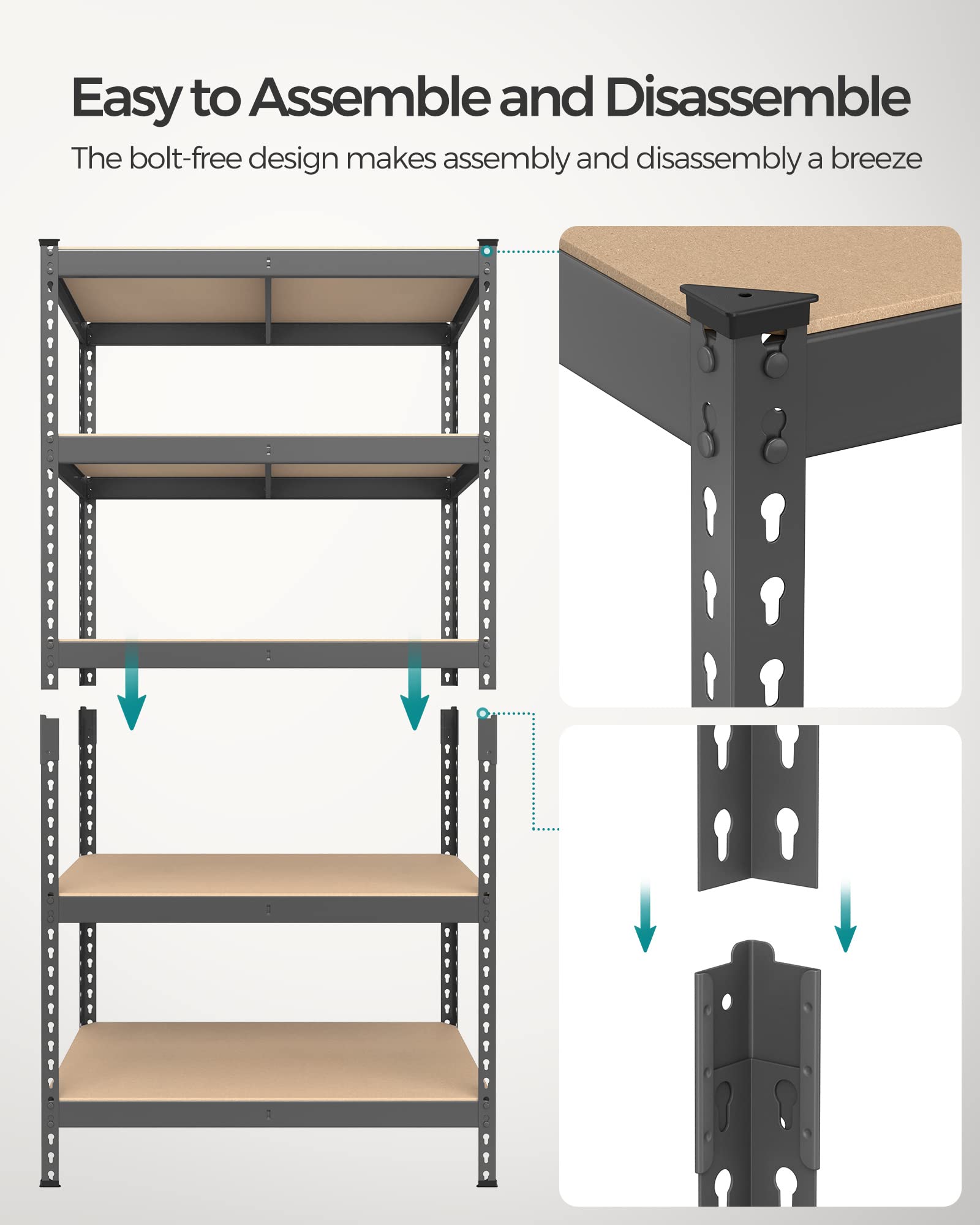 SONGMICS 5-Tier Storage Shelves, Load 2310 lb, Set of 2 Garage Storage, Boltless Assembly, Adjustable Shelving Unit, 17.7 x 35.4 x 70.9 Inches, for Study Shed Basement, Gray UGLR450G02 - Image 7