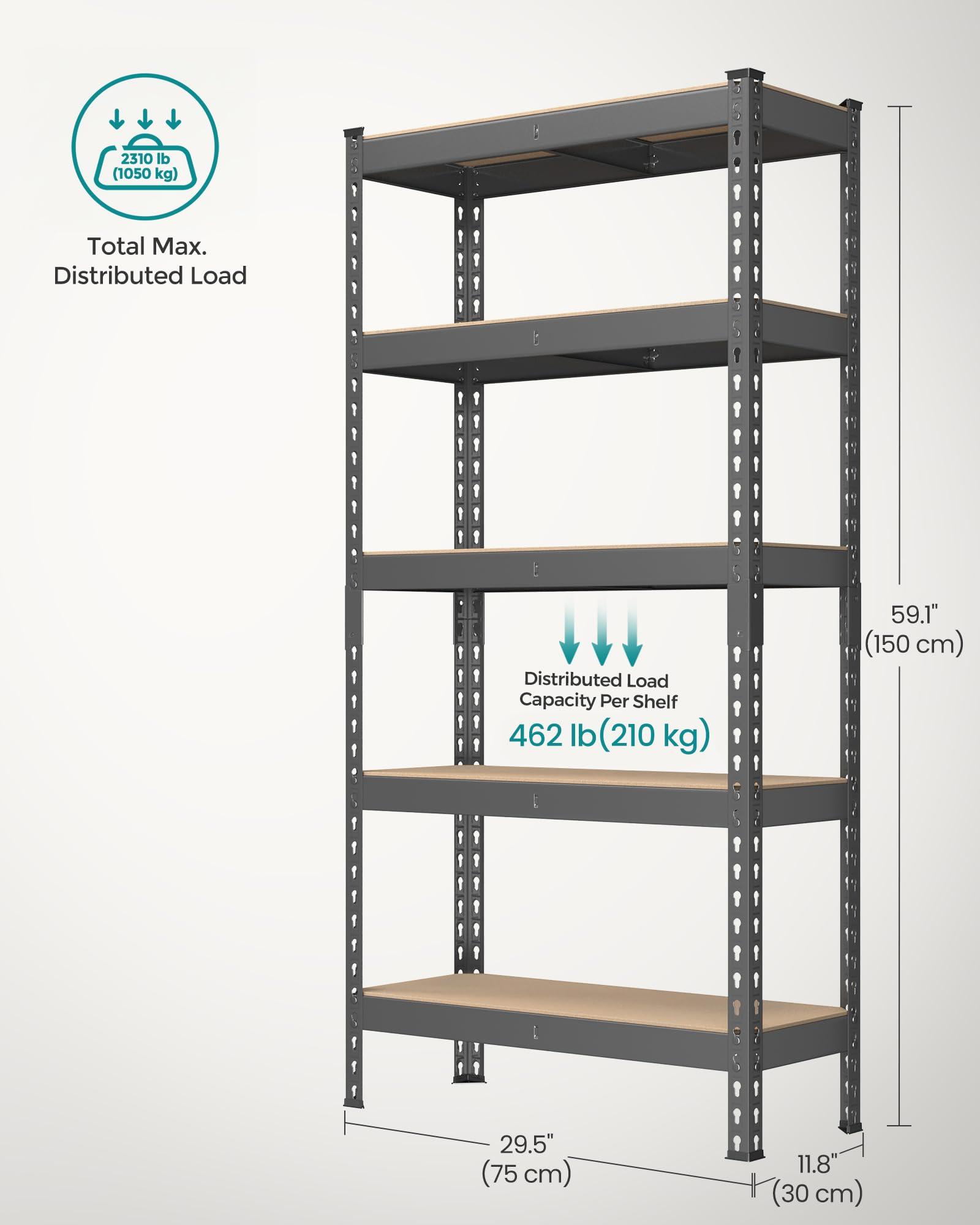 SONGMICS 5-Tier Storage Shelves, Load 2310 lb, Set of 2 Garage Storage, Boltless Assembly, Adjustable Shelving Unit, 11.8 x 29.5 x 59.1 Inches, for Study Shed Basement, Gray UGLR300G02 - Image 3