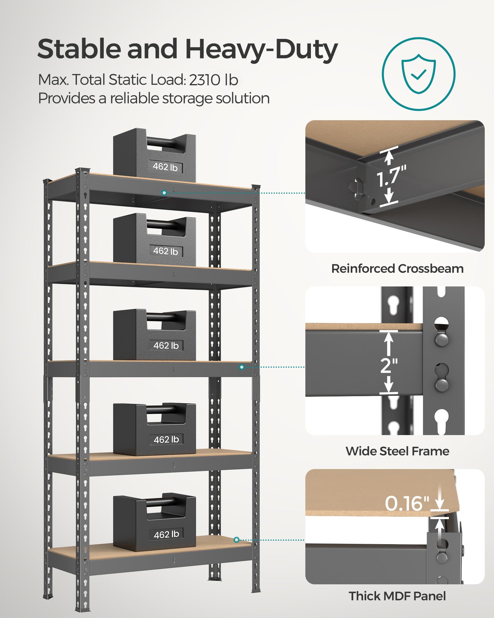 SONGMICS 5-Tier Storage Shelves, Load 2310 lb, Set of 2 Garage Storage, Boltless Assembly, Adjustable Shelving Unit, 11.8 x 29.5 x 59.1 Inches, for Study Shed Basement, Gray UGLR300G02 - Image 4