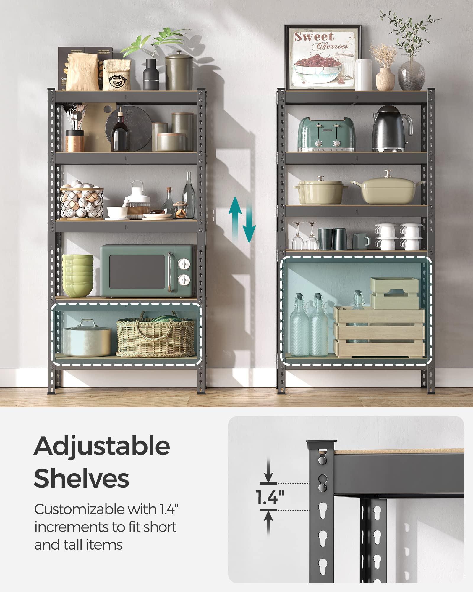 SONGMICS 5-Tier Storage Shelves, Load 2310 lb, Set of 2 Garage Storage, Boltless Assembly, Adjustable Shelving Unit, 11.8 x 29.5 x 59.1 Inches, for Study Shed Basement, Gray UGLR300G02 - Image 5