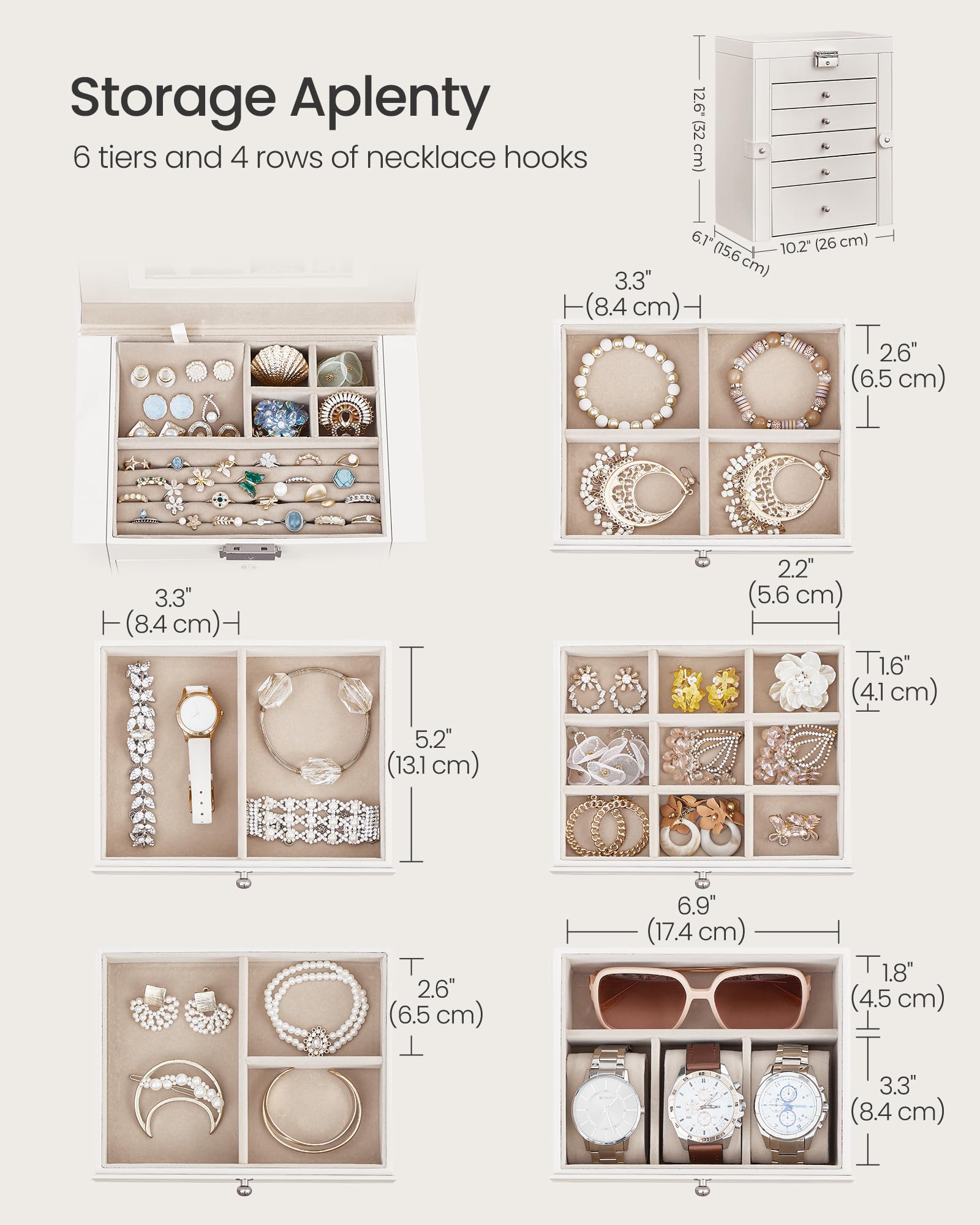 SONGMICS 6-Layer Jewelry Box Organizer with 5 Drawers, Jewelry Storage Case with Lock and Mirror, Large Storage Capacity, Gift for Loved Ones, for Necklaces, Watches, White UJBC152W01 - Image 3