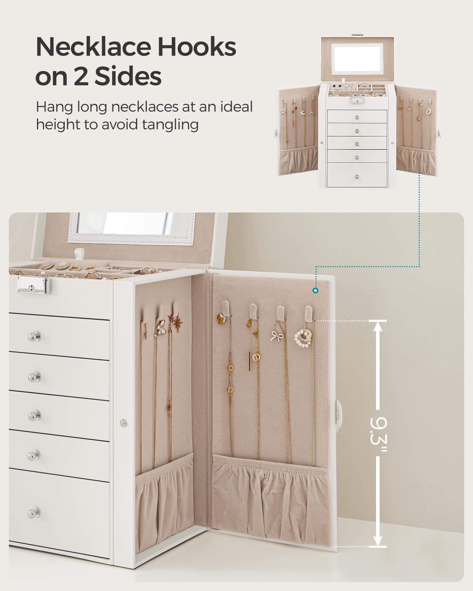 SONGMICS 6-Layer Jewelry Box Organizer with 5 Drawers, Jewelry Storage Case with Lock and Mirror, Large Storage Capacity, Gift for Loved Ones, for Necklaces, Watches, White UJBC152W01 - Image 4
