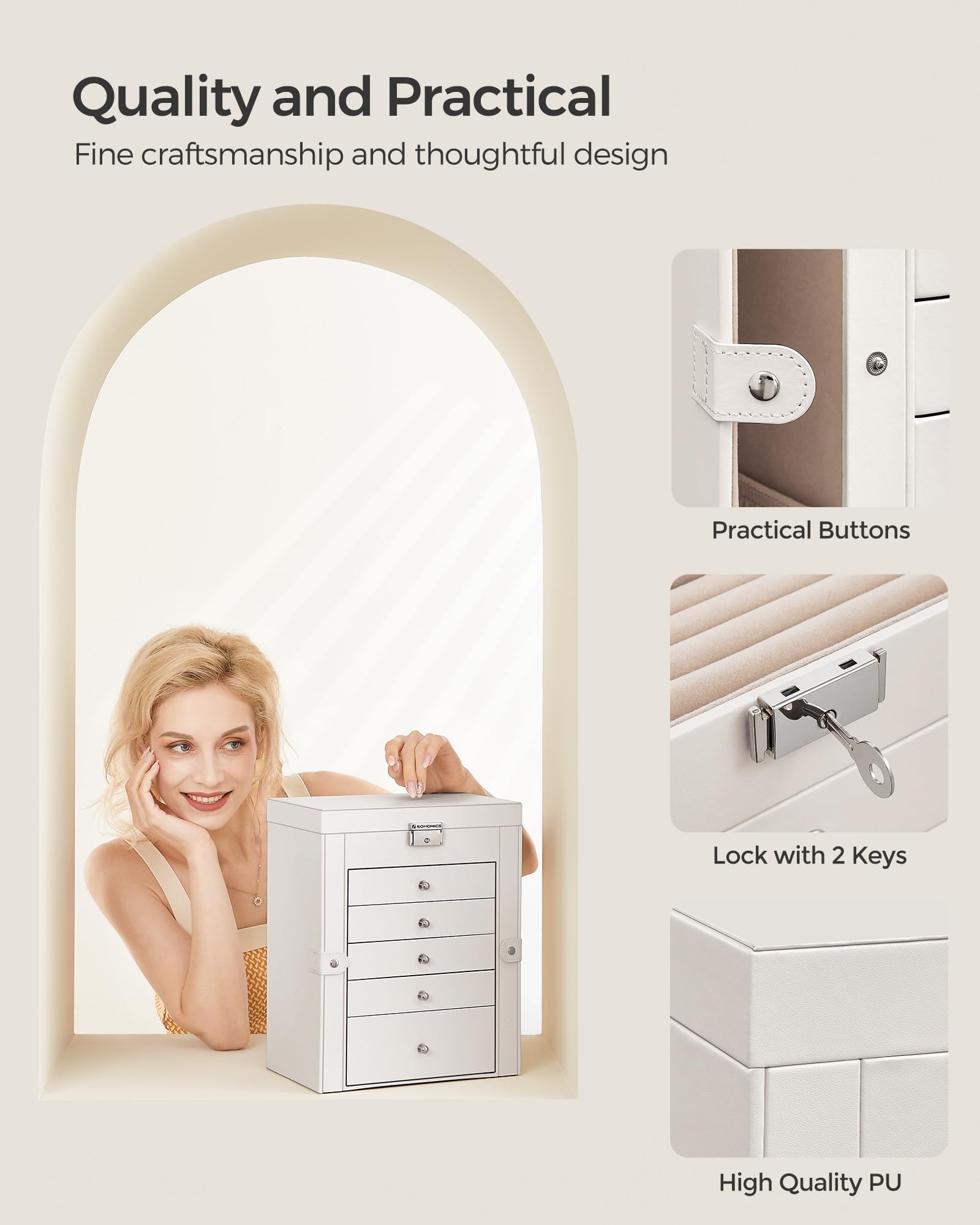 SONGMICS 6-Layer Jewelry Box Organizer with 5 Drawers, Jewelry Storage Case with Lock and Mirror, Large Storage Capacity, Gift for Loved Ones, for Necklaces, Watches, White UJBC152W01 - Image 6