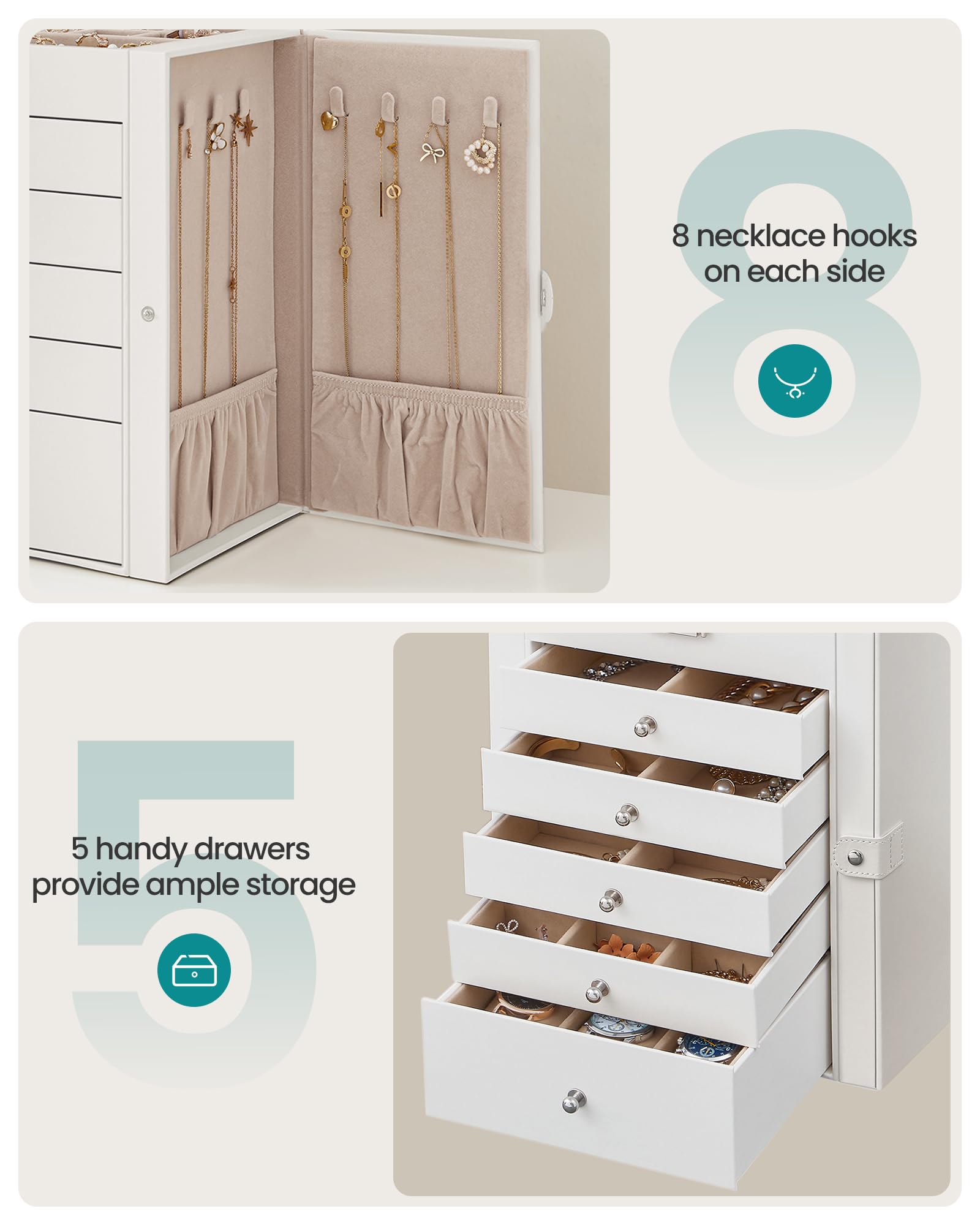 SONGMICS 6-Layer Jewelry Box Organizer with 5 Drawers, Jewelry Storage Case with Lock and Mirror, Large Storage Capacity, Gift for Loved Ones, for Necklaces, Watches, White UJBC152W01 - Image 8