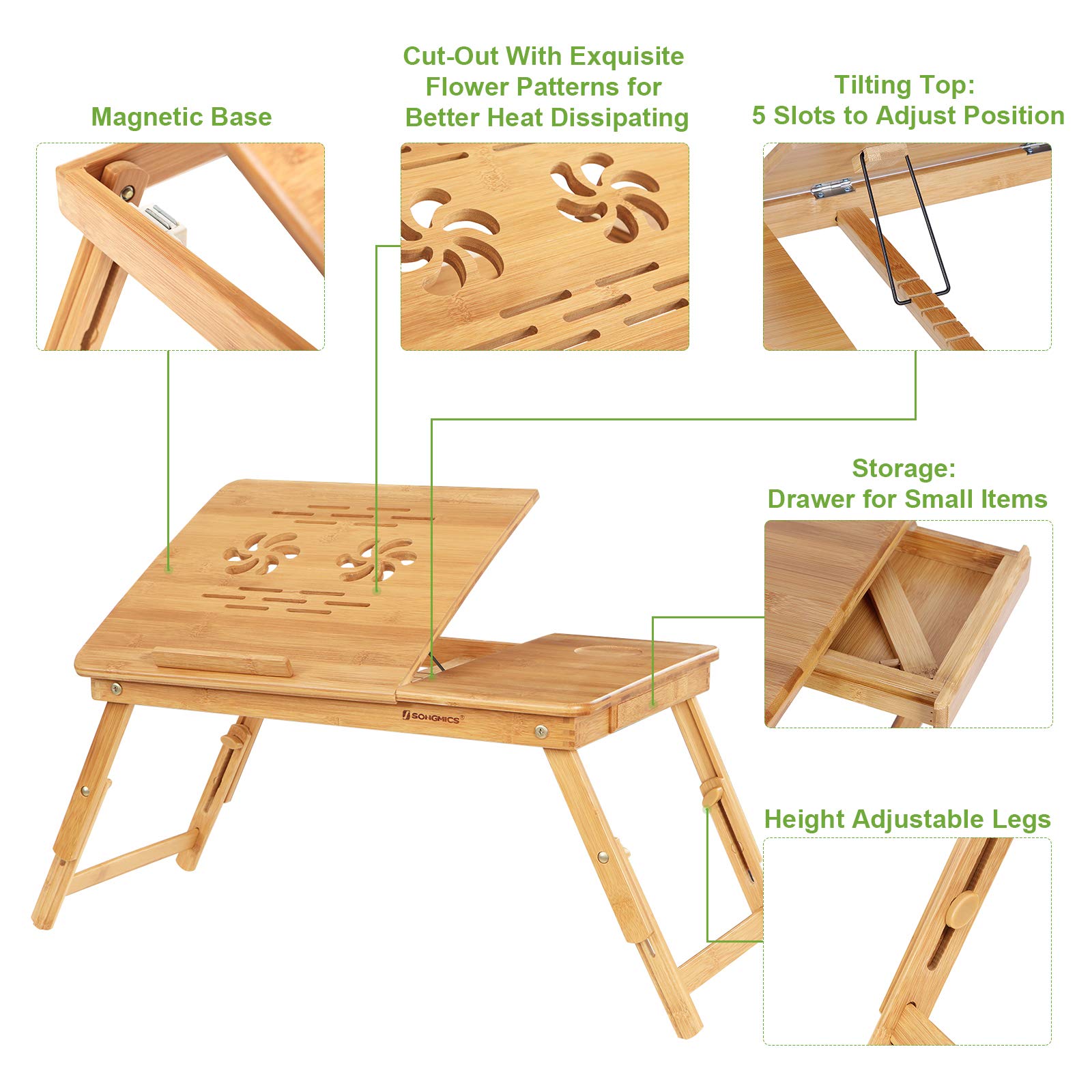SONGMICS Bamboo Laptop Desk Serving Bed Tray Breakfast Table Tilting Top with Drawer - Image 3
