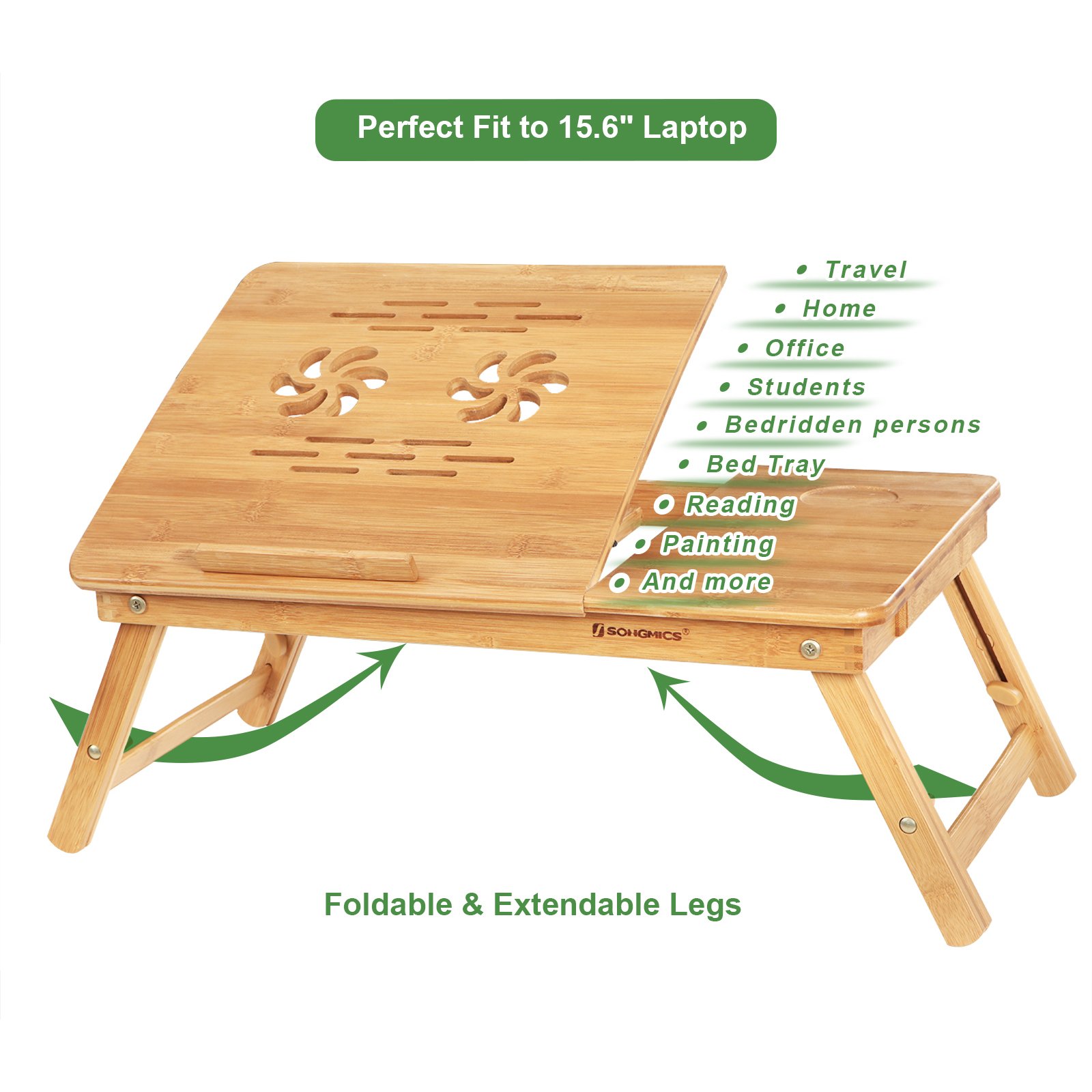 SONGMICS Bamboo Laptop Desk Serving Bed Tray Breakfast Table Tilting Top with Drawer - Image 4