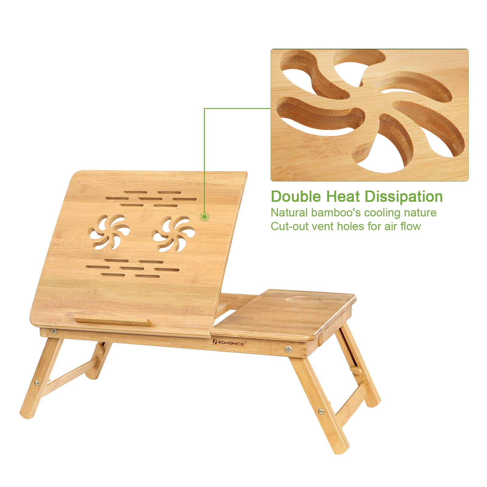SONGMICS Bamboo Laptop Desk Serving Bed Tray Breakfast Table Tilting Top with Drawer - Image 5