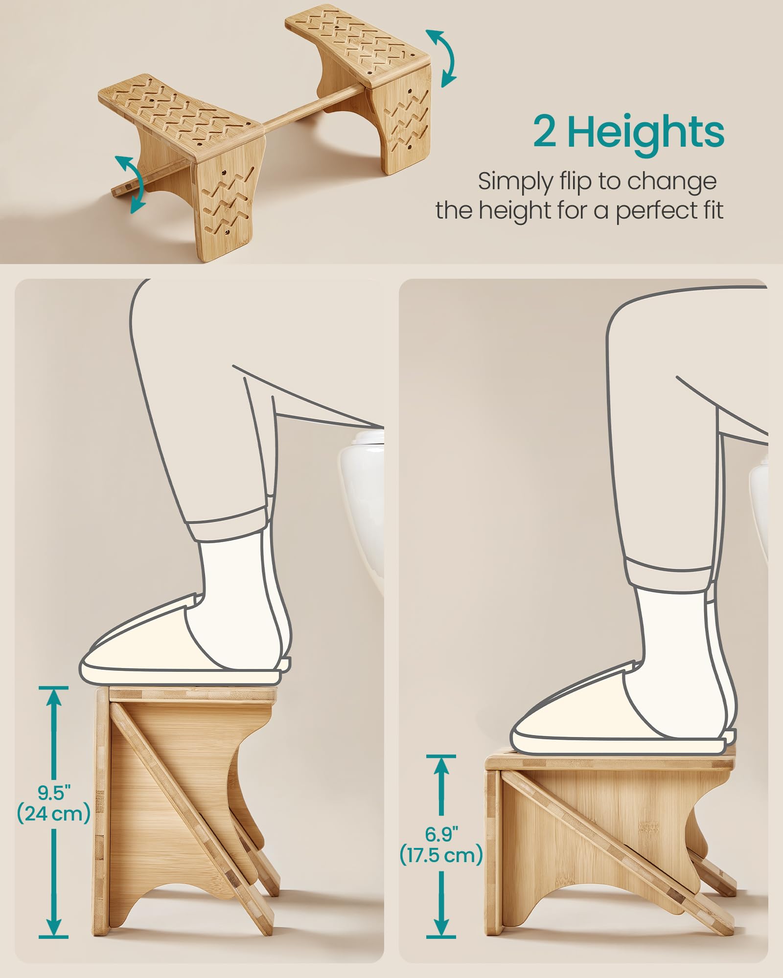 SONGMICS Bamboo Toilet Stool, Adjustable Poop Stool with Non-Slip Grooves, Height Convertible to 6.9 or 9.5 Inches, Squat Potty Stool for Bathroom, Space-Saving, Light Bamboo UBCB111N01 - Image 4