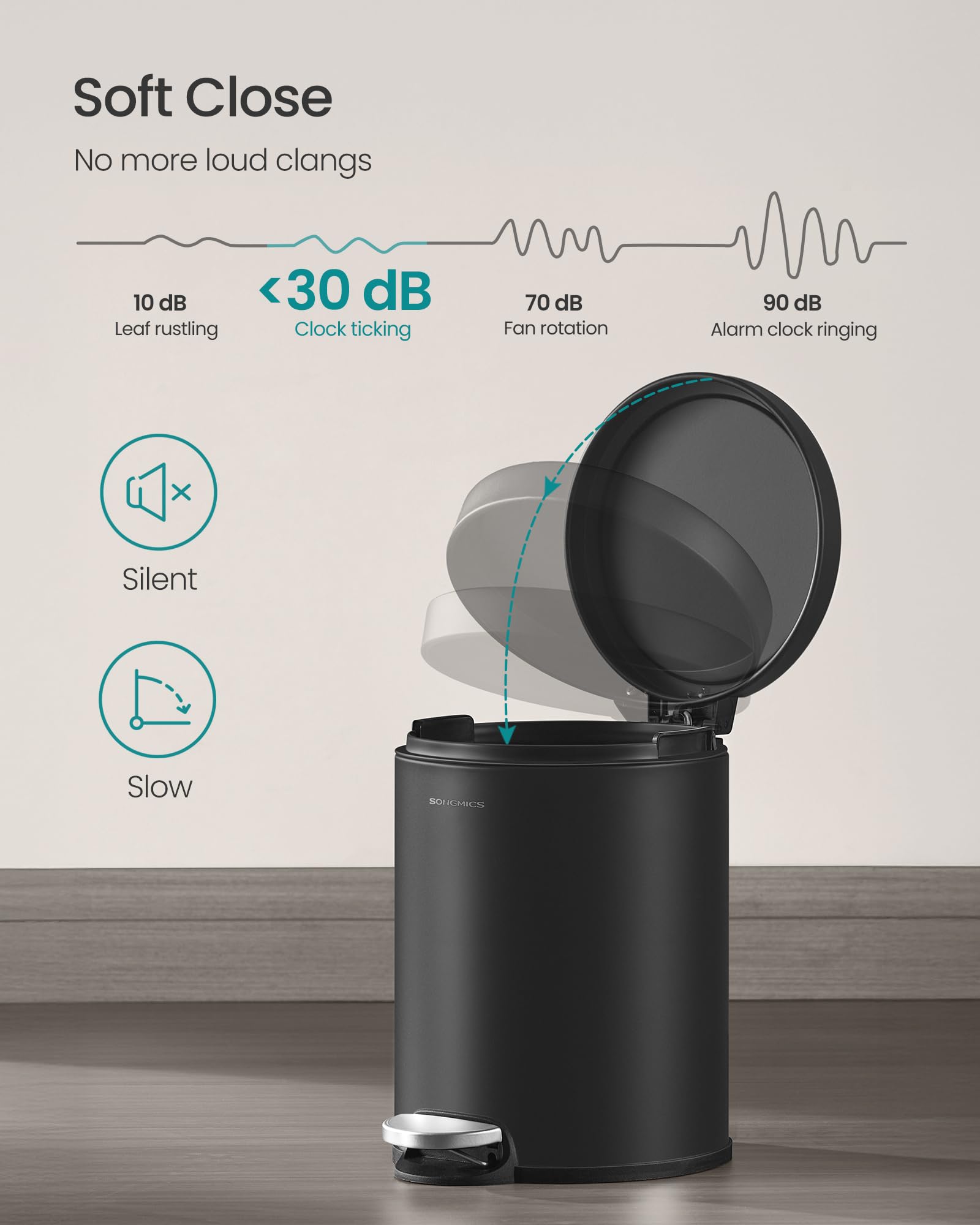 SONGMICS Bathroom Trash Can, 1.6 Gallon (6 L) Small Toilet Garbage Bin with Lid, Soft-Close, Stainless Steel, Pedal, Inner Bucket, Bedroom, Ink Black ULTB016BZ01 - Image 4