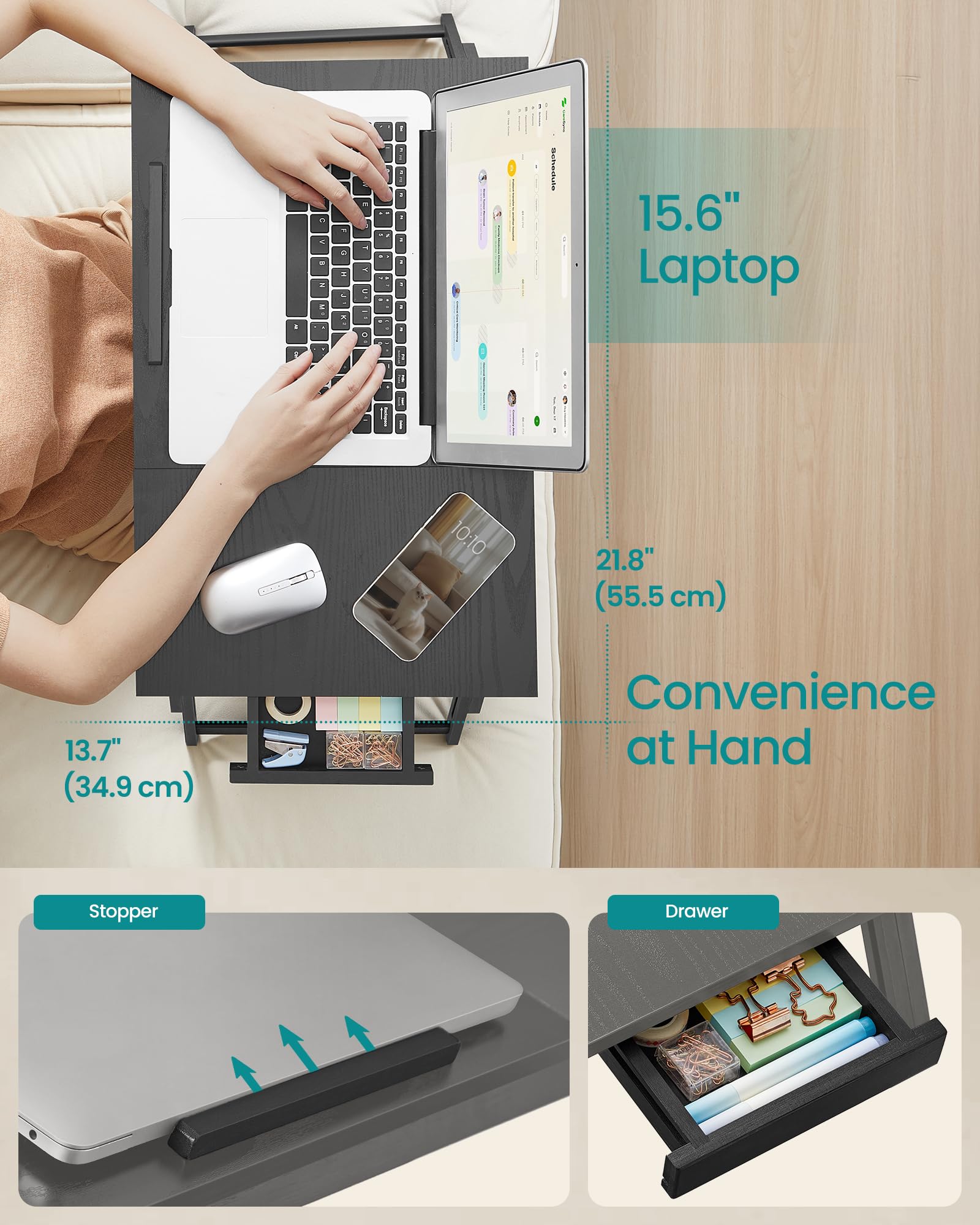 SONGMICS Bed Laptop Desk, Folding Bed Tray for Laptop up to 15.6 Inches, Adjustable Angle and Height, Portable for Working Reading Writing Breakfast, Bamboo Legs, Drawer, Ebony Black ULLD105BE01 - Image 4