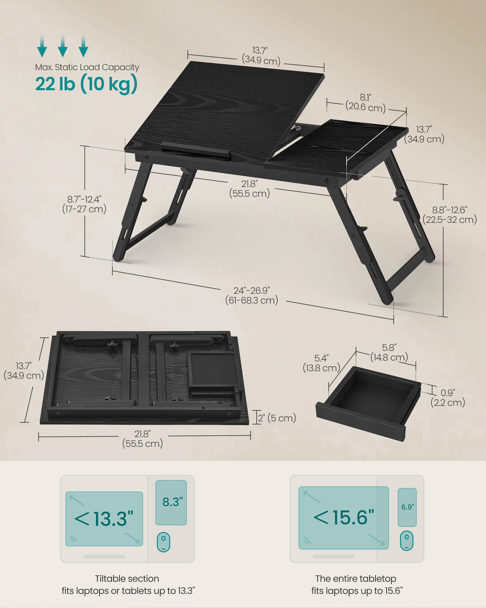 SONGMICS Bed Laptop Desk, Folding Bed Tray for Laptop up to 15.6 Inches, Adjustable Angle and Height, Portable for Working Reading Writing Breakfast, Bamboo Legs, Drawer, Ebony Black ULLD105BE01 - Image 6