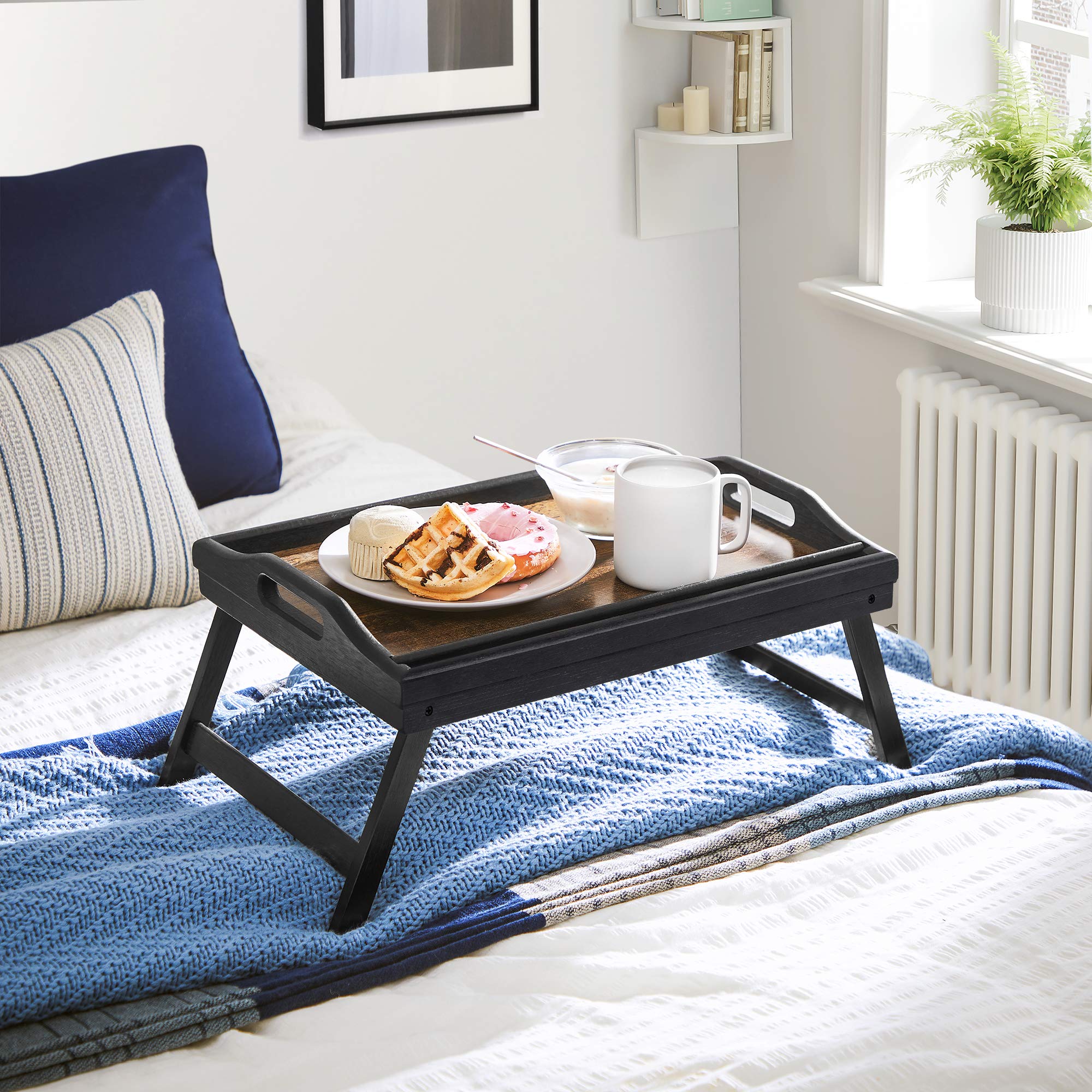 SONGMICS Bed Tray Table with Bamboo Folding Legs, Sofa Breakfast Tray, Serving Tray with Groove for Phone Tablet, Rustic Dark Brown ULLD111B01 - Image 3