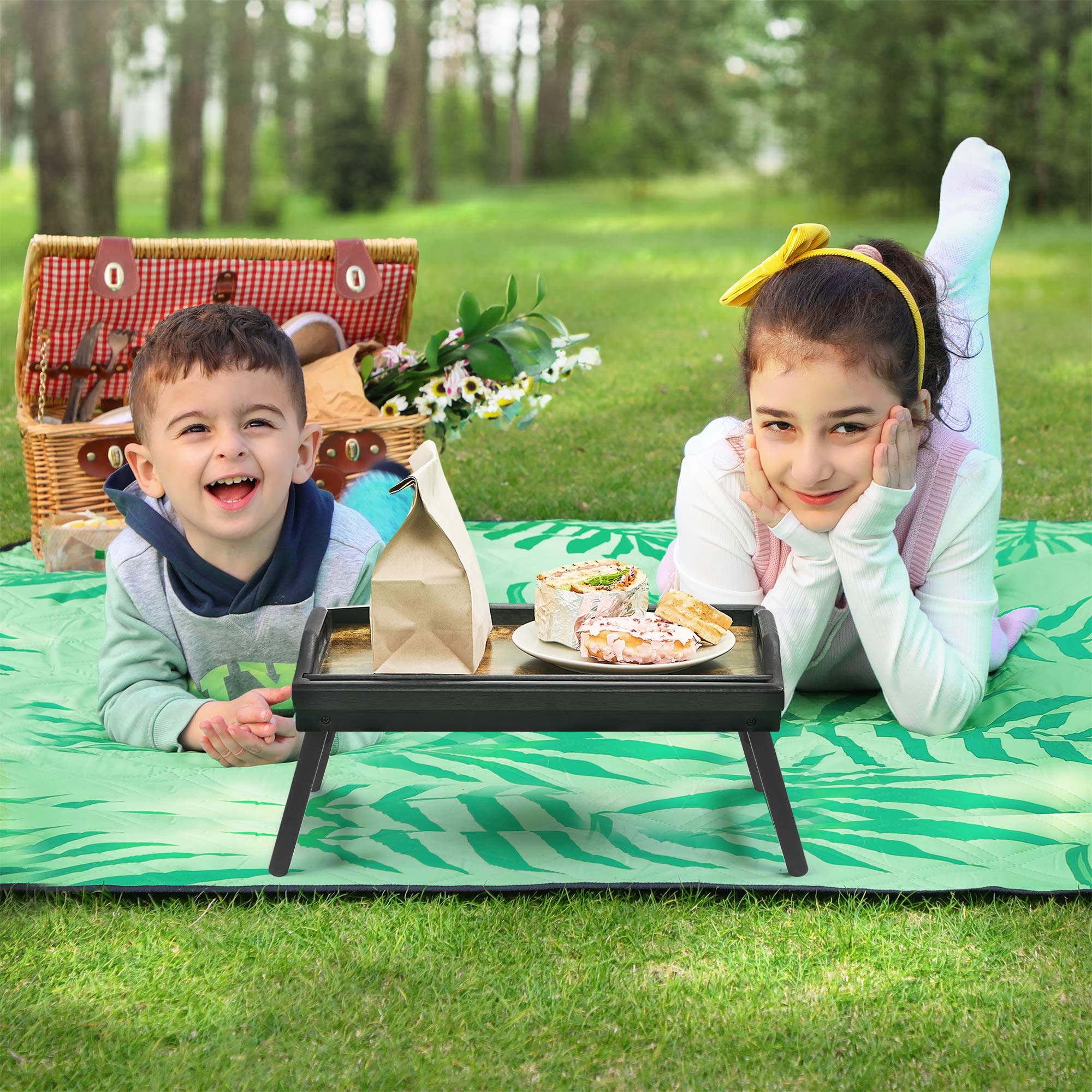 SONGMICS Bed Tray Table with Bamboo Folding Legs, Sofa Breakfast Tray, Serving Tray with Groove for Phone Tablet, Rustic Dark Brown ULLD111B01 - Image 7