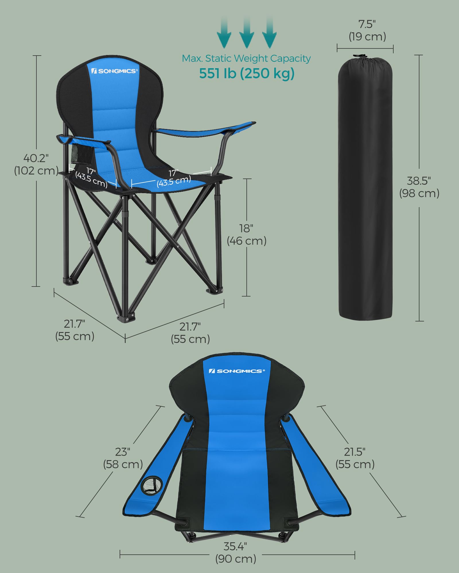 SONGMICS Camping Chair, Lightweight Folding Beach Chair, Adjustable Height, Steel Frame, Portable for Outdoor Travel - Image 3