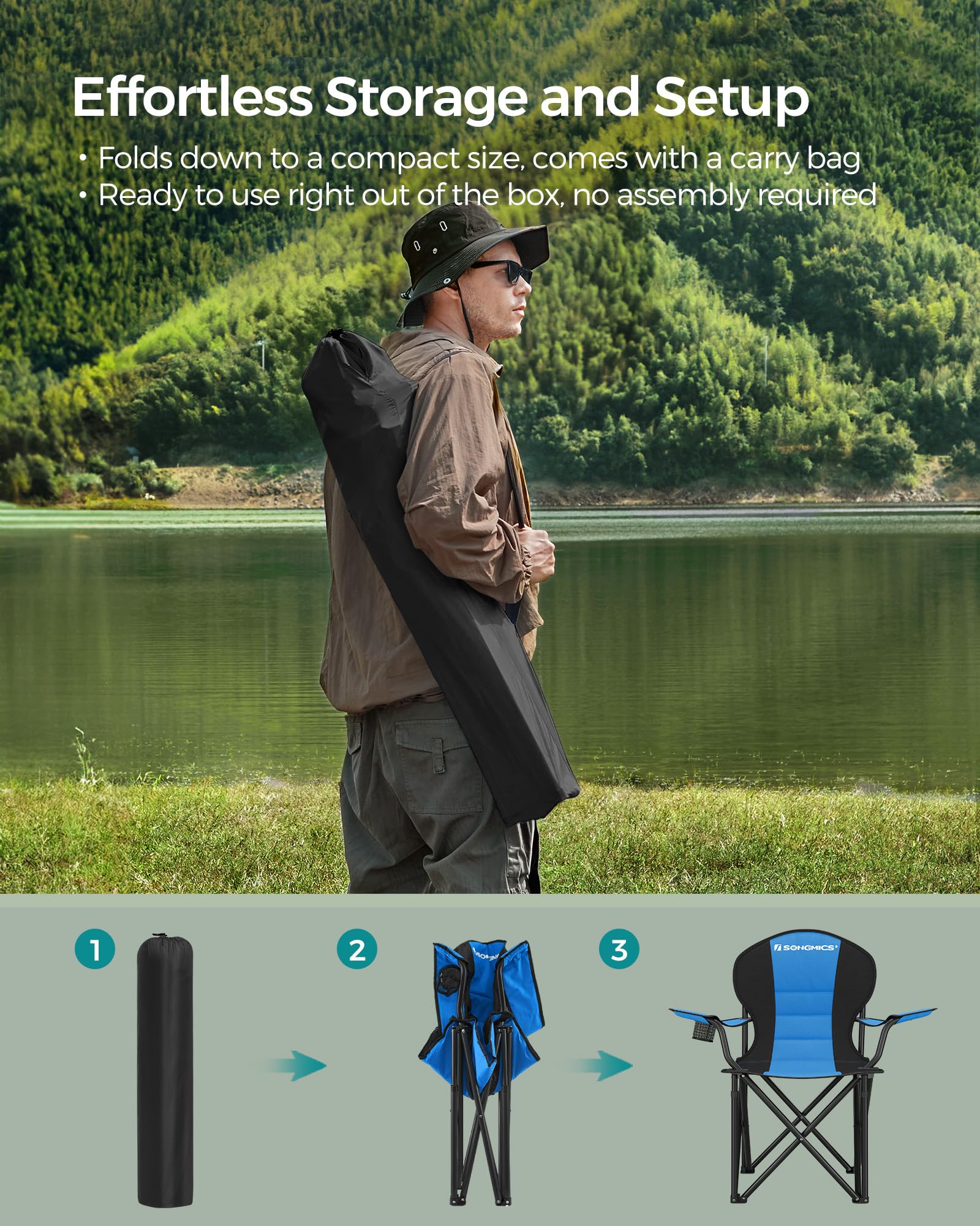 SONGMICS Camping Chair, Lightweight Folding Beach Chair, Adjustable Height, Steel Frame, Portable for Outdoor Travel - Image 8