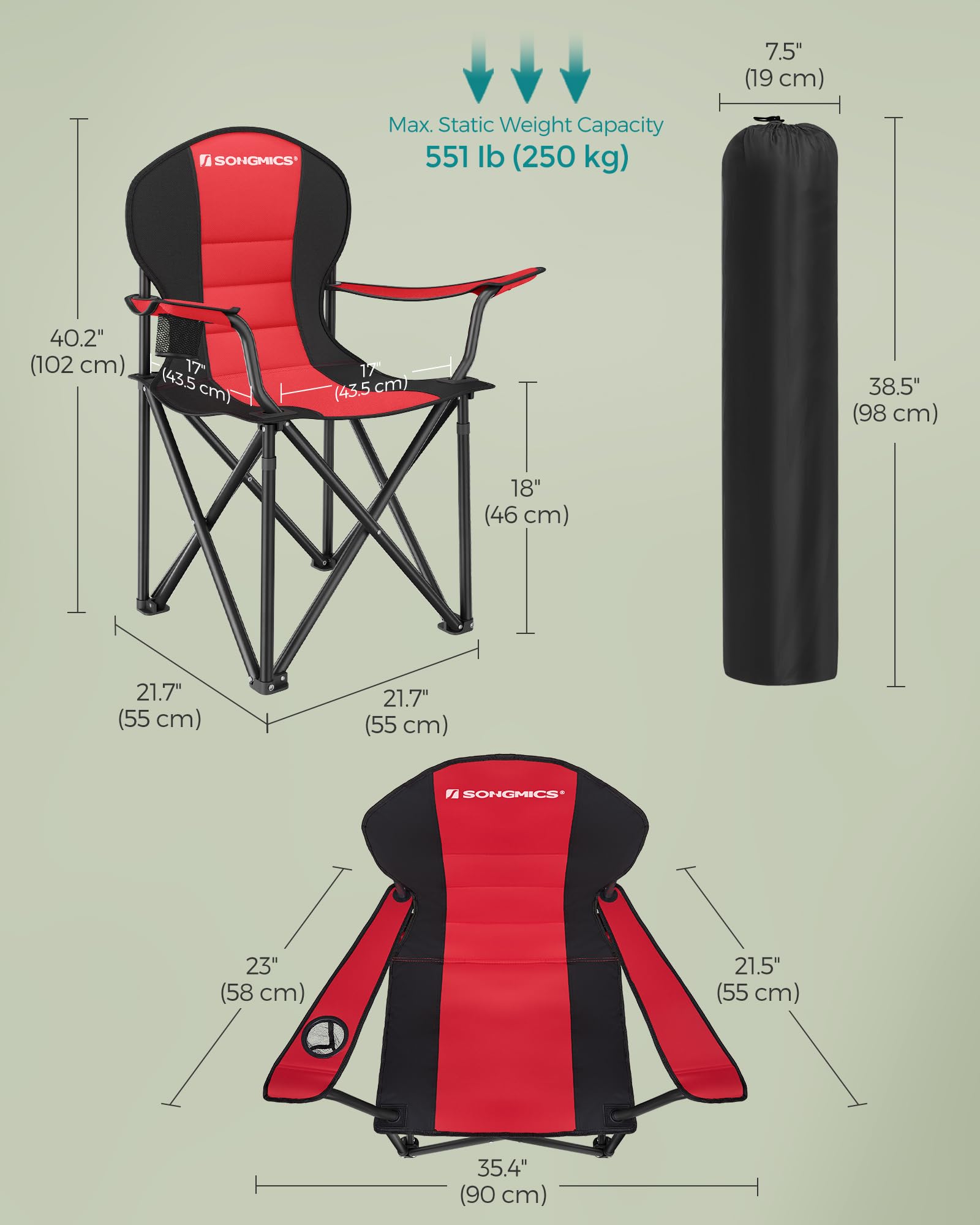 SONGMICS Camping Chair, Lightweight Folding Beach Chair, Adjustable Height, Steel Frame, Portable for Outdoor Travel - Image 3