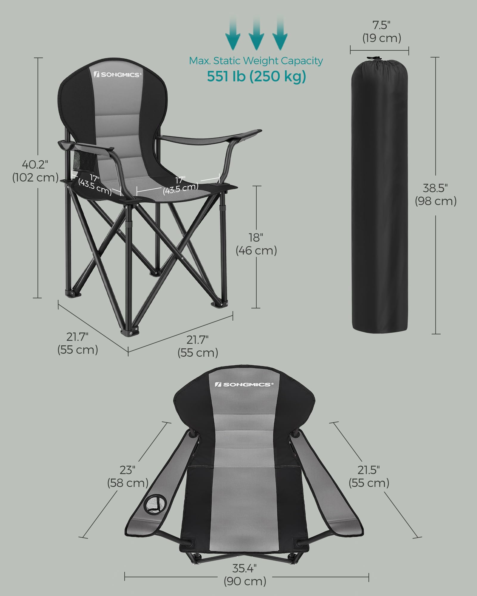 SONGMICS Camping Chair, Lightweight Folding Beach Chair, Adjustable Height, Steel Frame, Portable for Outdoor Travel - Image 3
