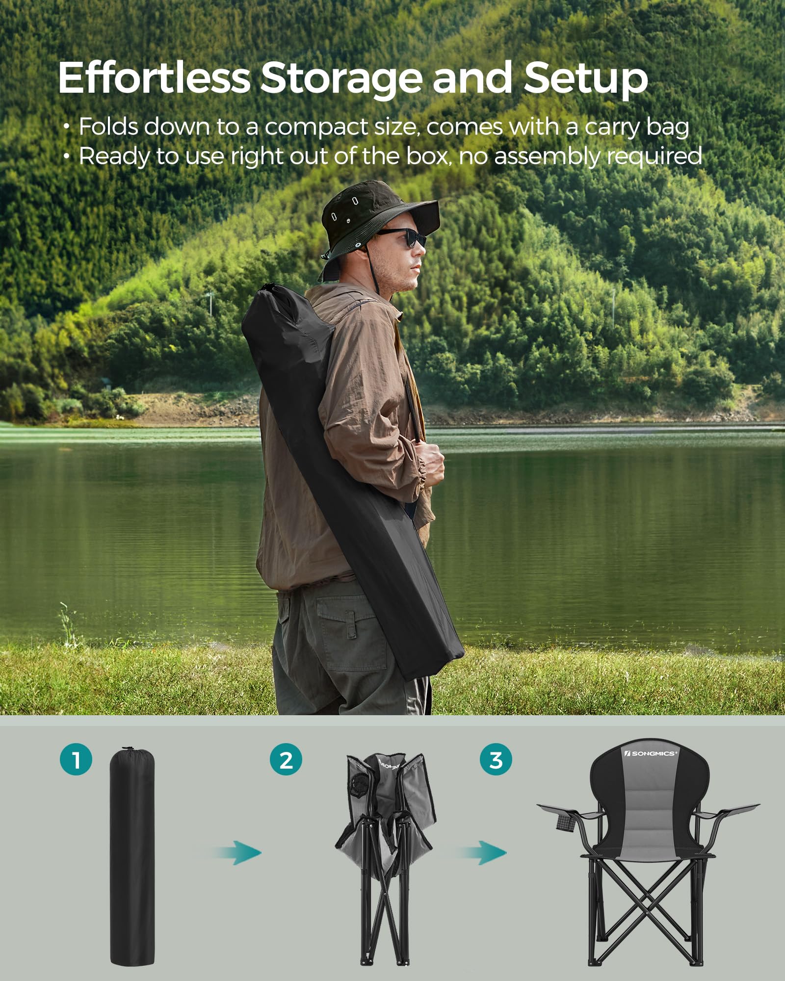 SONGMICS Camping Chair, Lightweight Folding Beach Chair, Adjustable Height, Steel Frame, Portable for Outdoor Travel - Image 8