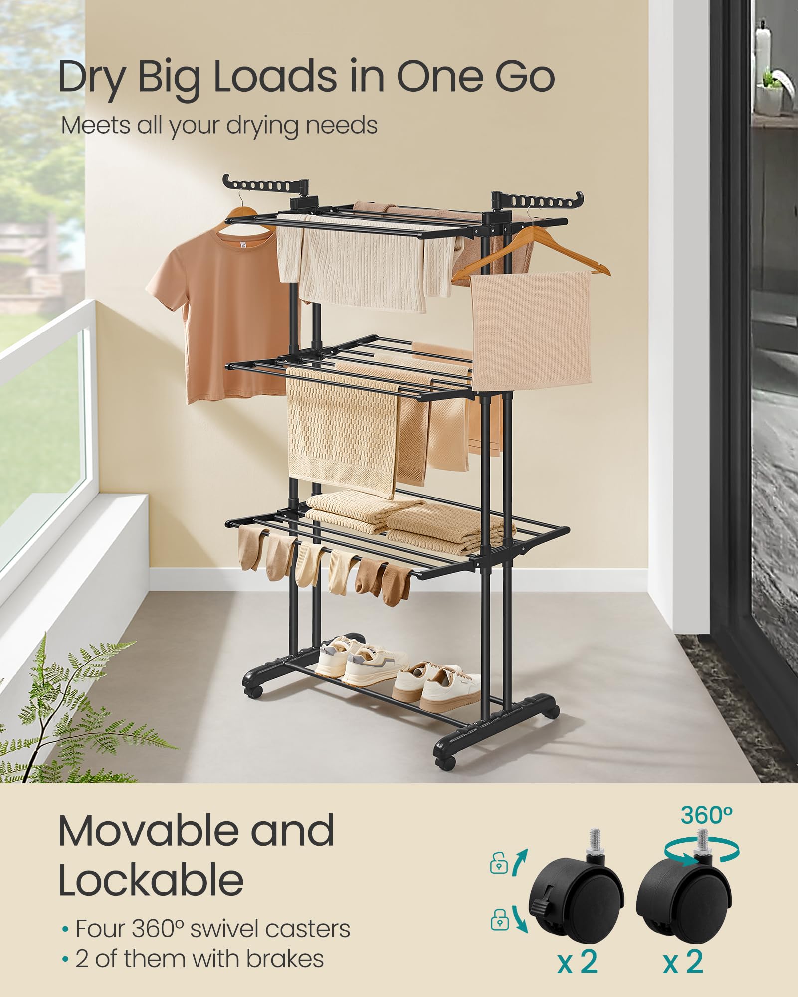 SONGMICS Clothes Drying Rack Stand 4-Tier, Foldable Laundry Drying Rack 68.1-Inch Tall, Stainless Steel, Rolling Clothes Horses Dryer Rack, Easy to Assemble, Indoor Outdoor Use, Ink Black ULLR701B01 - Image 3