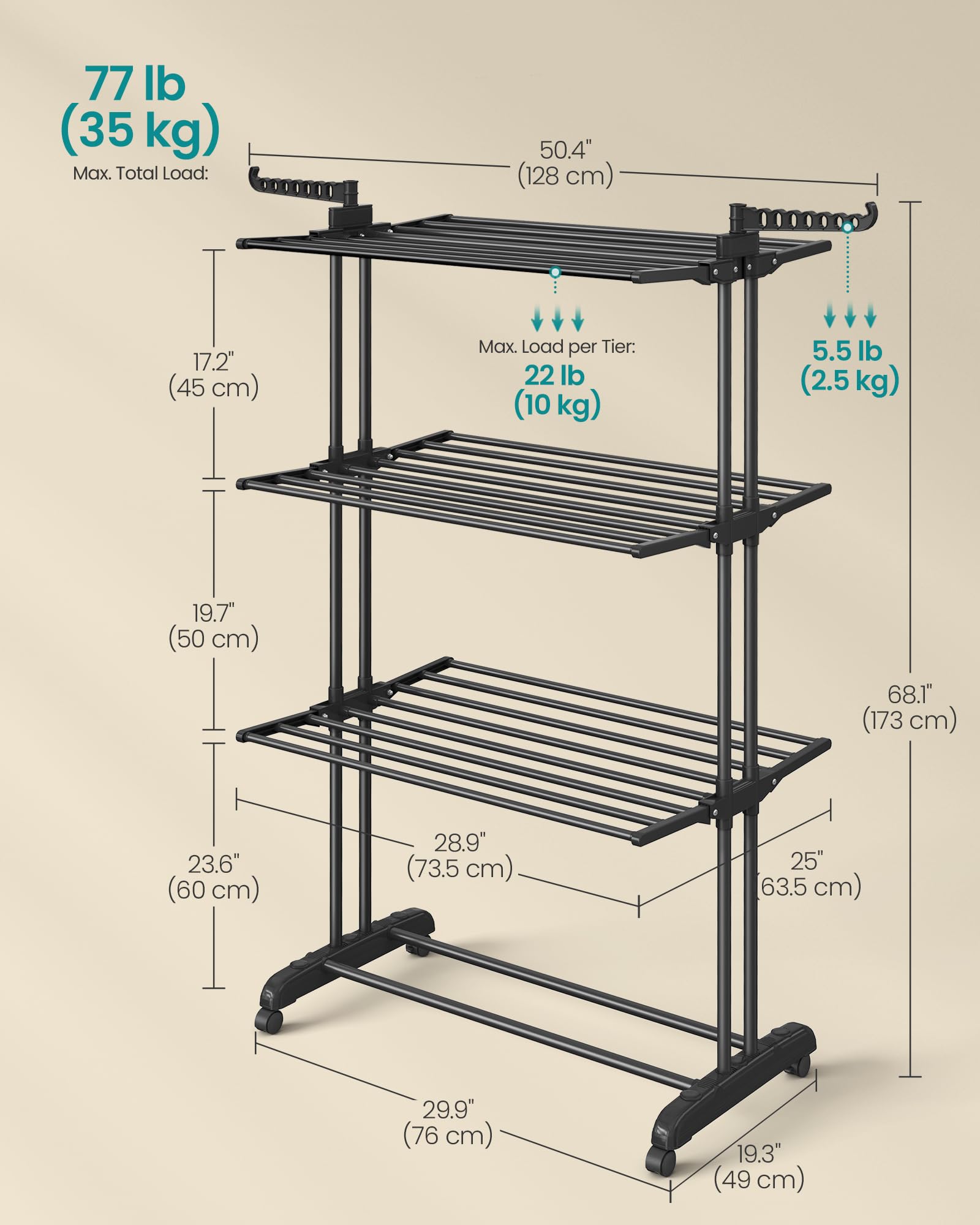 SONGMICS Clothes Drying Rack Stand 4-Tier, Foldable Laundry Drying Rack 68.1-Inch Tall, Stainless Steel, Rolling Clothes Horses Dryer Rack, Easy to Assemble, Indoor Outdoor Use, Ink Black ULLR701B01 - Image 5
