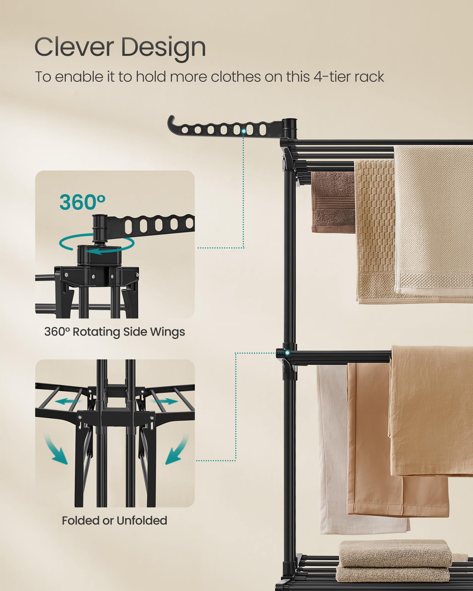SONGMICS Clothes Drying Rack Stand 4-Tier, Foldable Laundry Drying Rack 68.1-Inch Tall, Stainless Steel, Rolling Clothes Horses Dryer Rack, Easy to Assemble, Indoor Outdoor Use, Ink Black ULLR701B01 - Image 6