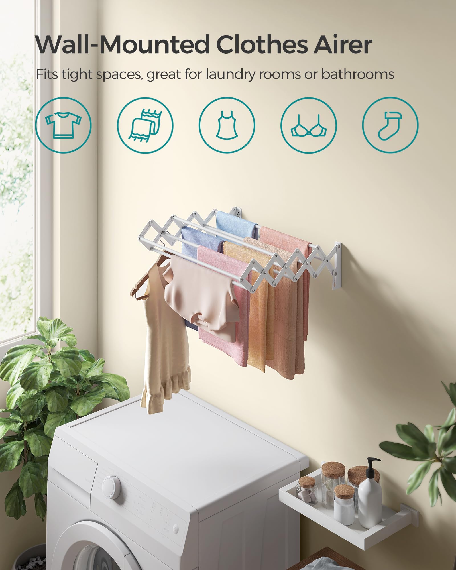 SONGMICS Clothes Drying Rack, Wall-Mounted Drying Rack Clothing, Small Accordion Laundry Rack, 9 Staggered Hanging Rods, Expandable and Retractable, Cloud White ULLR802W01 - Image 3