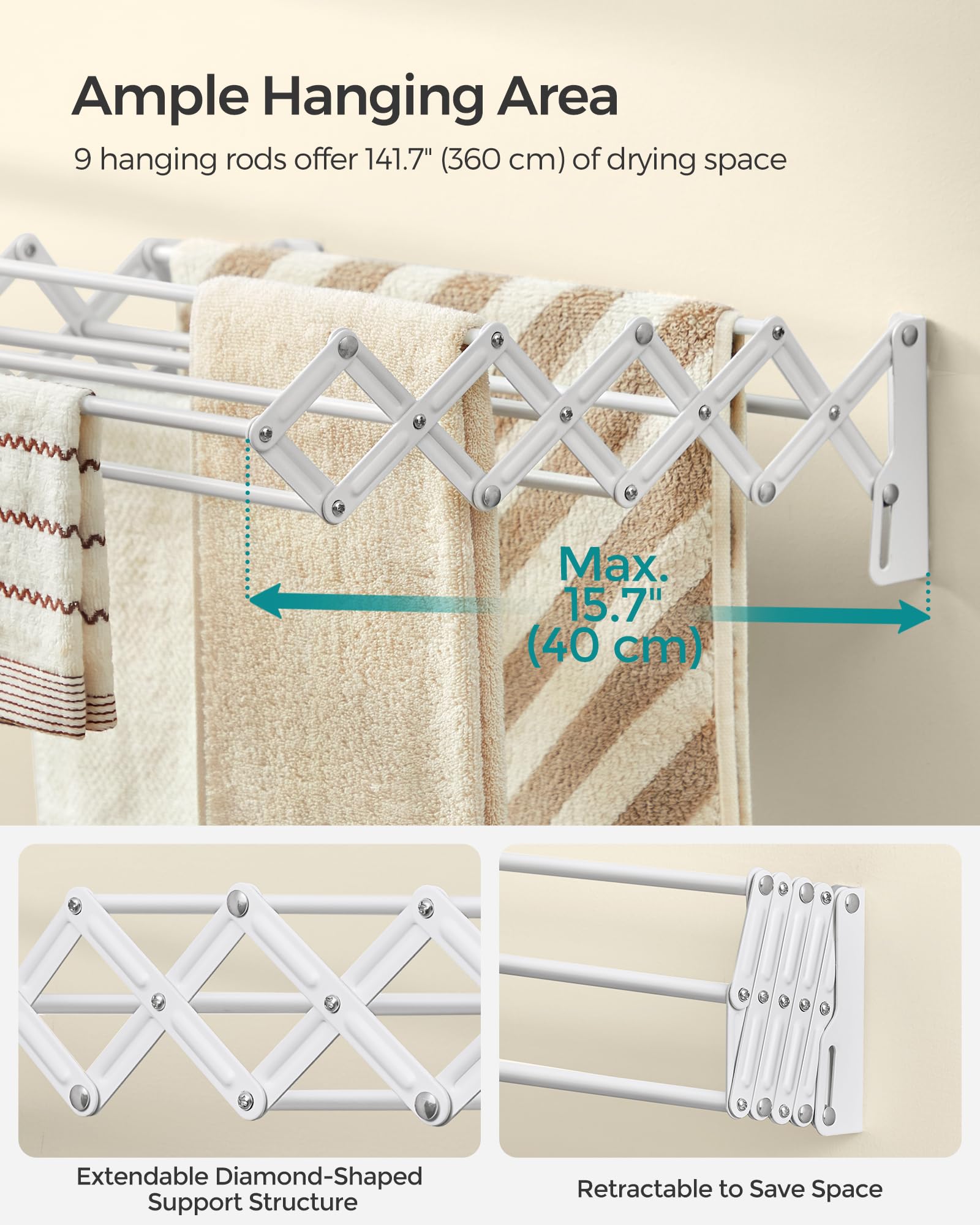 SONGMICS Clothes Drying Rack, Wall-Mounted Drying Rack Clothing, Small Accordion Laundry Rack, 9 Staggered Hanging Rods, Expandable and Retractable, Cloud White ULLR802W01 - Image 4